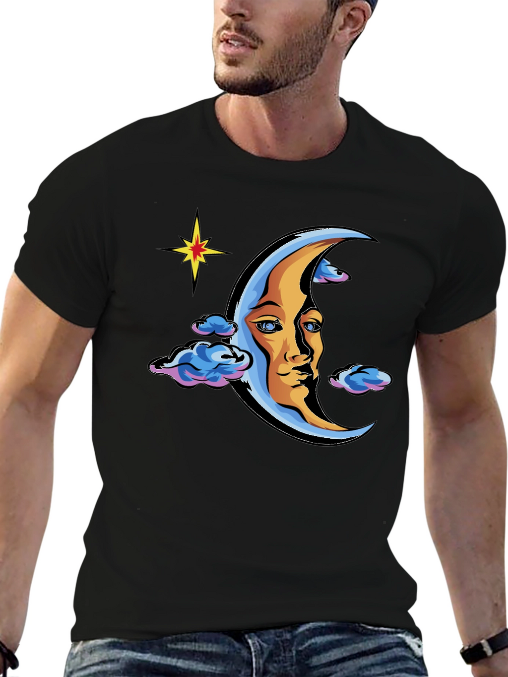 Celestial Moon Face Graphic Tee - Black