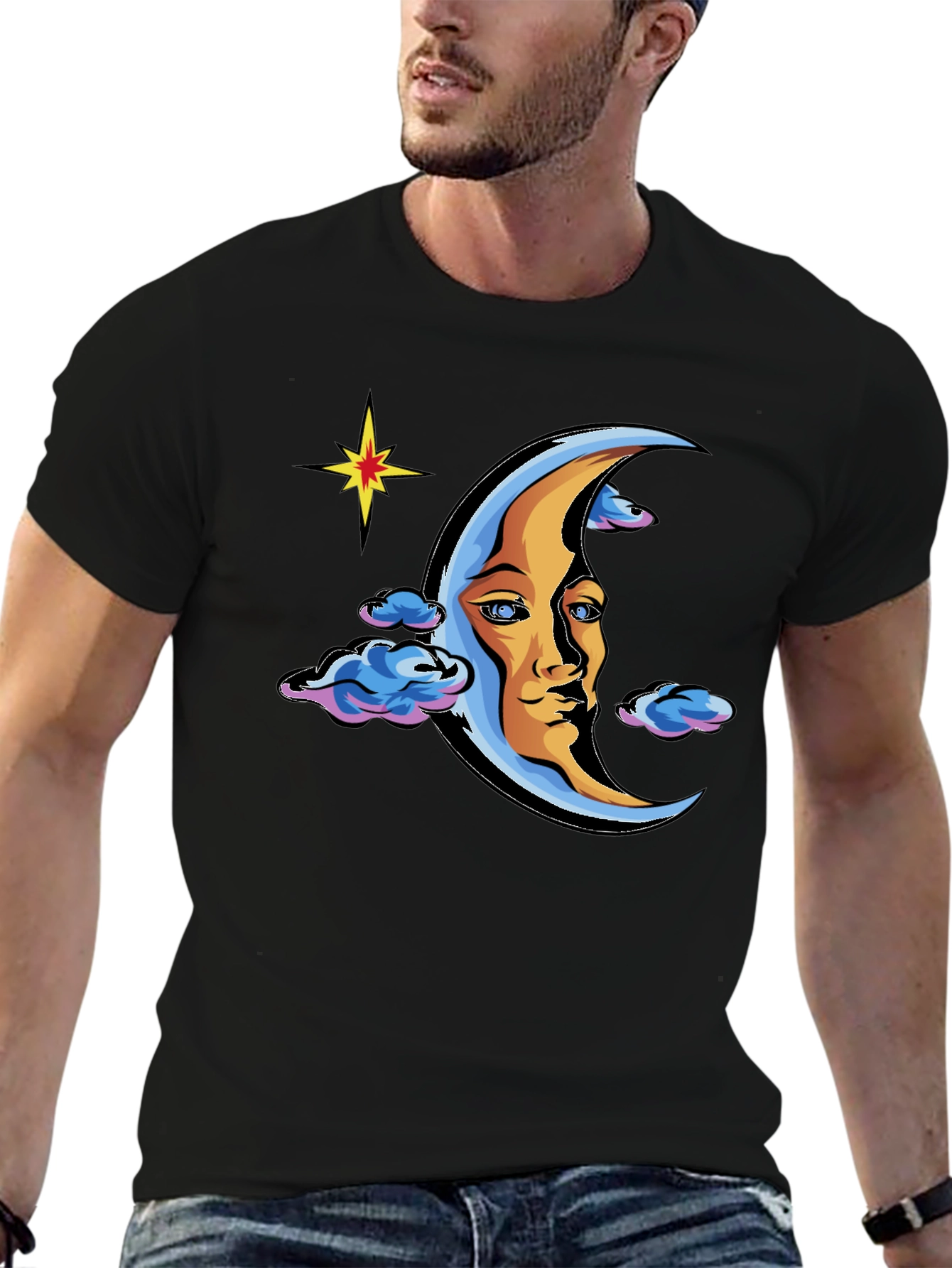 Celestial Moon Face Graphic Tee - Black