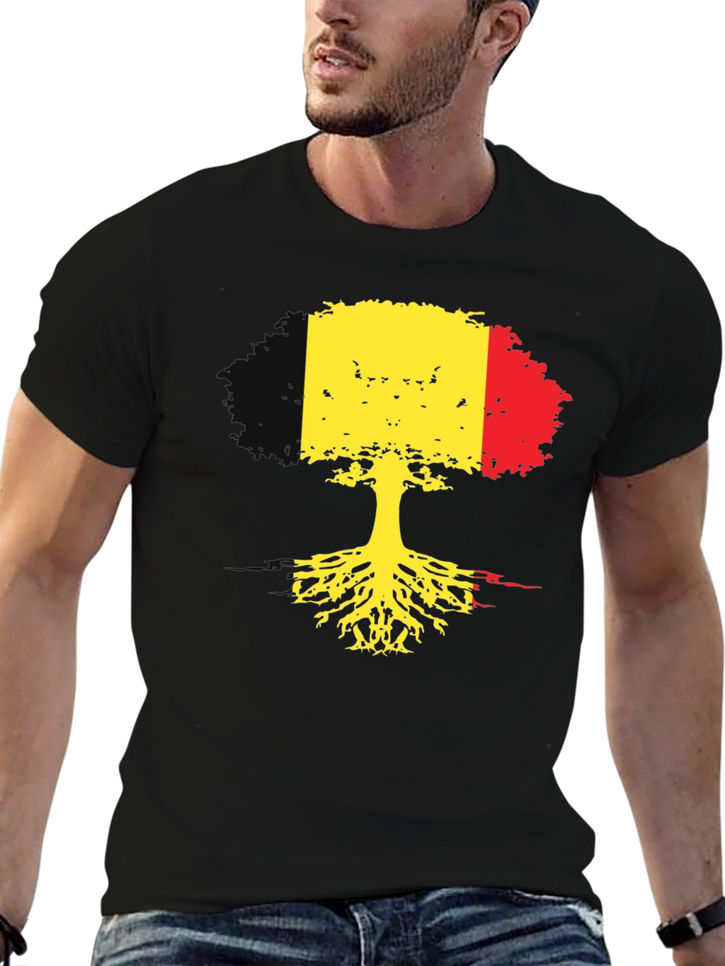 Belgium Flag Tree Roots Black T-Shirt