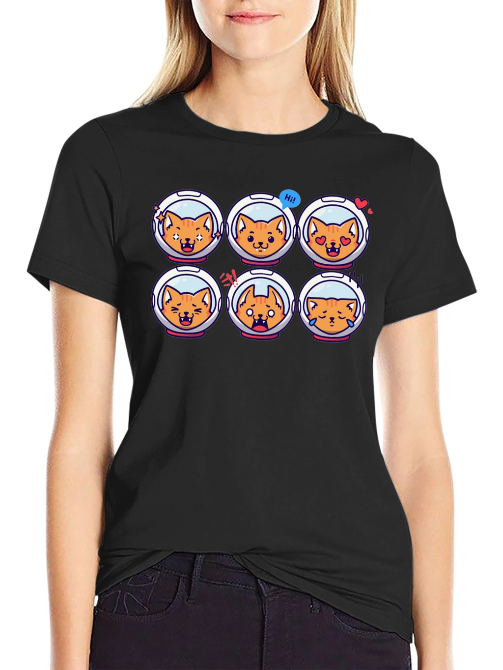 Astronaut Cat Emoji Black T-Shirt