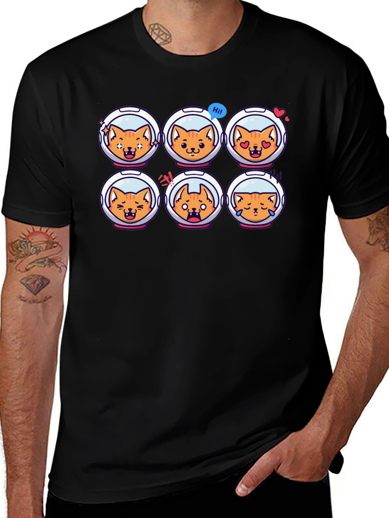 Astronaut Cat Emoji Black T-Shirt