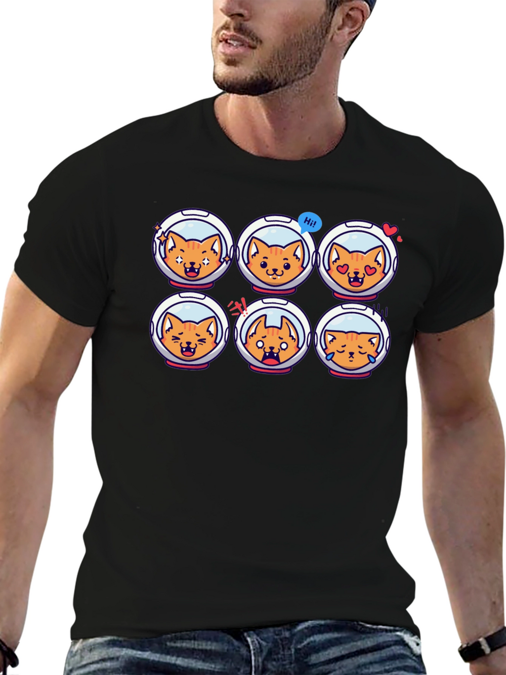Astronaut Cat Emoji Black T-Shirt