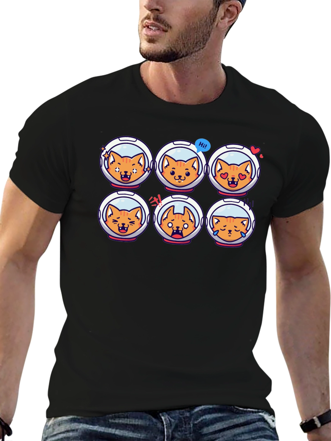 Astronaut Cat Emoji Black T-Shirt