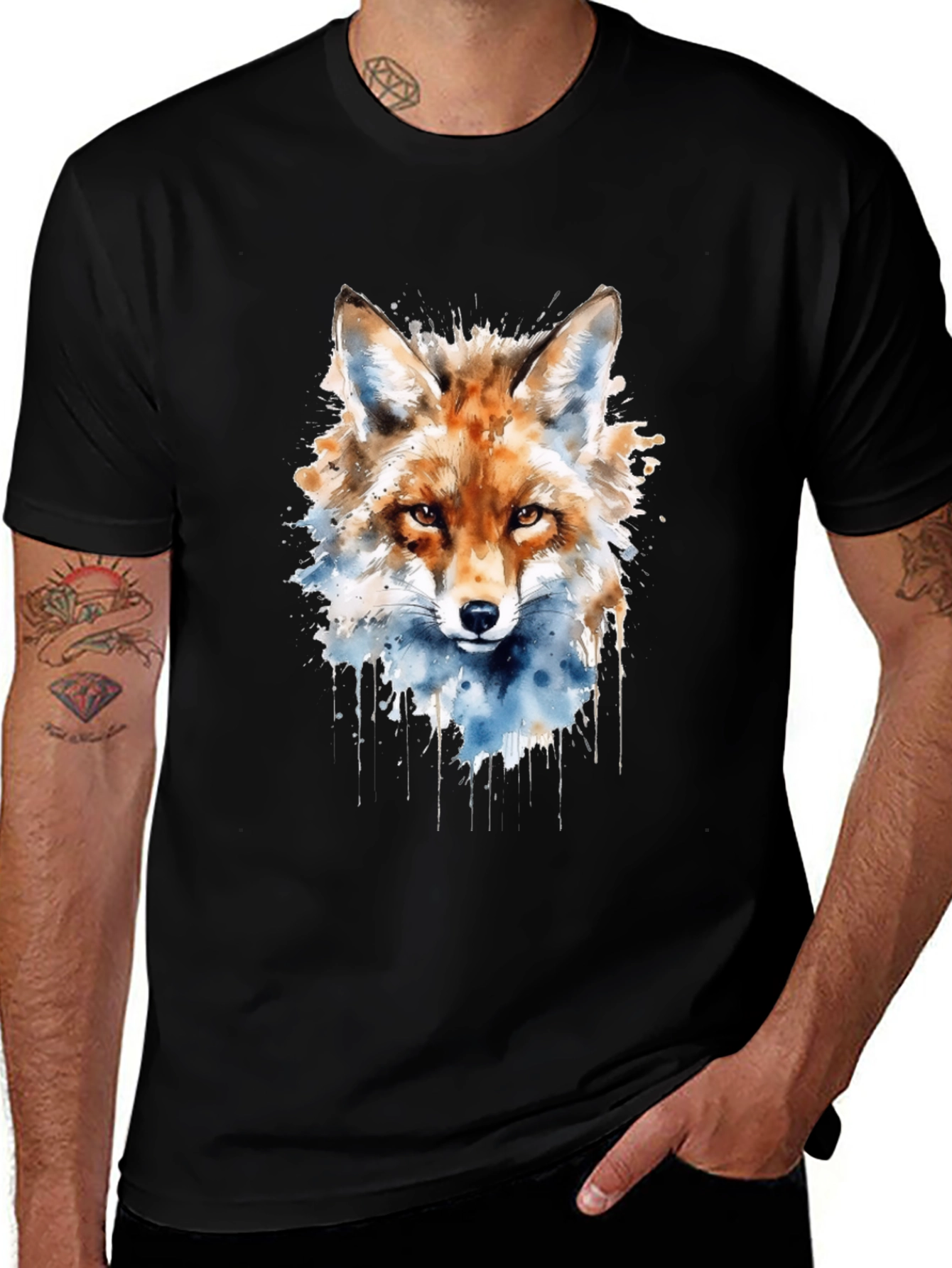Watercolor Fox Graphic Black T-Shirt