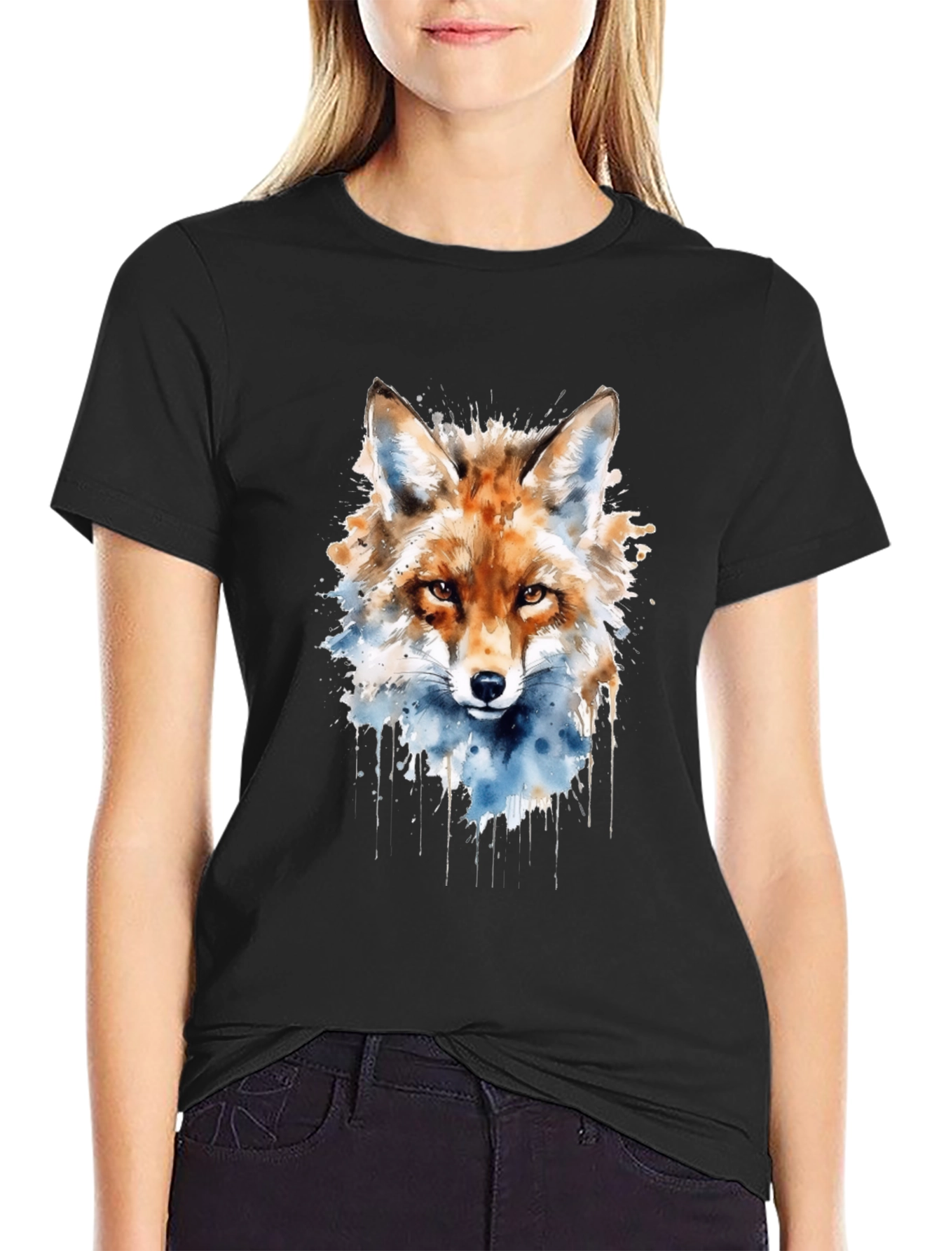 Watercolor Fox Graphic Black T-Shirt