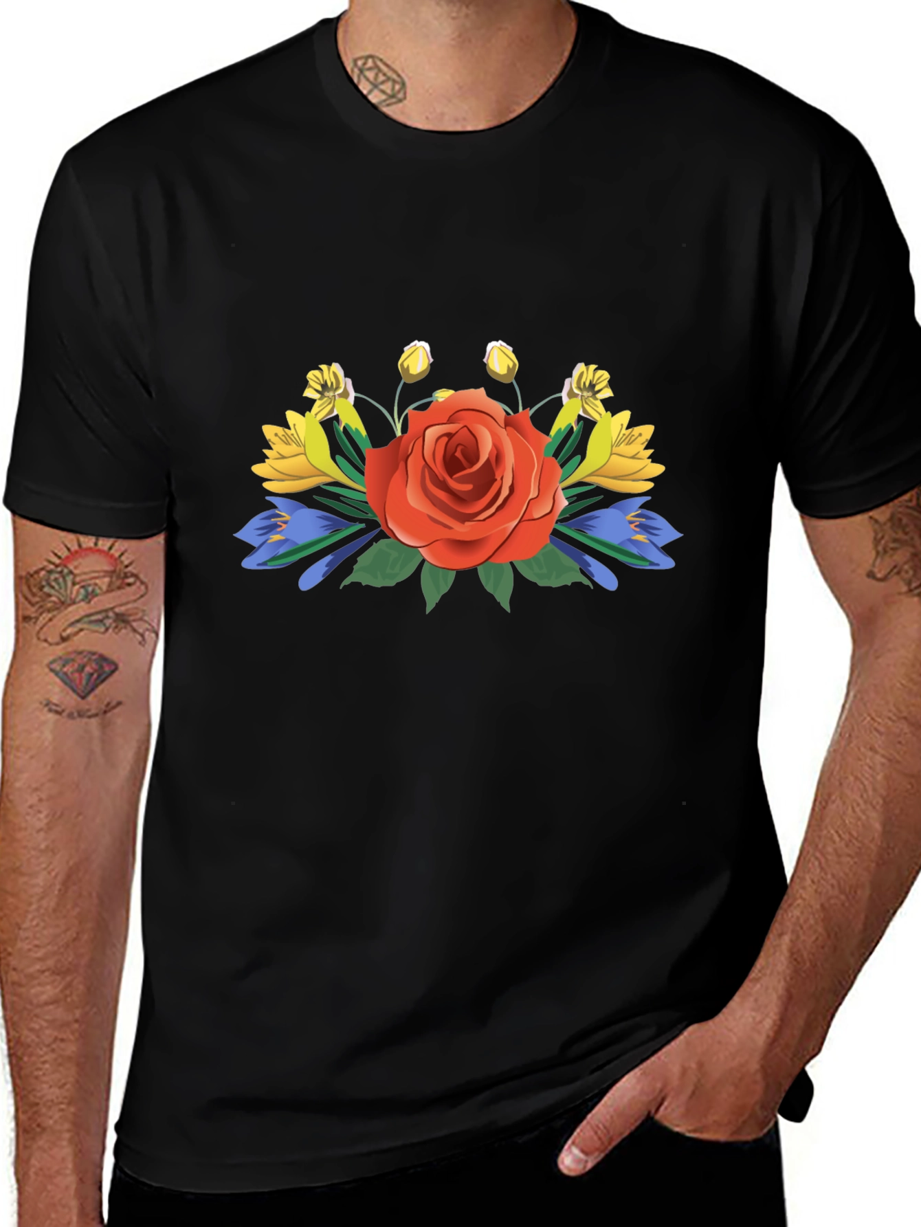 Floral Rose Graphic Tee - Stylish Mens Black T-Shirt