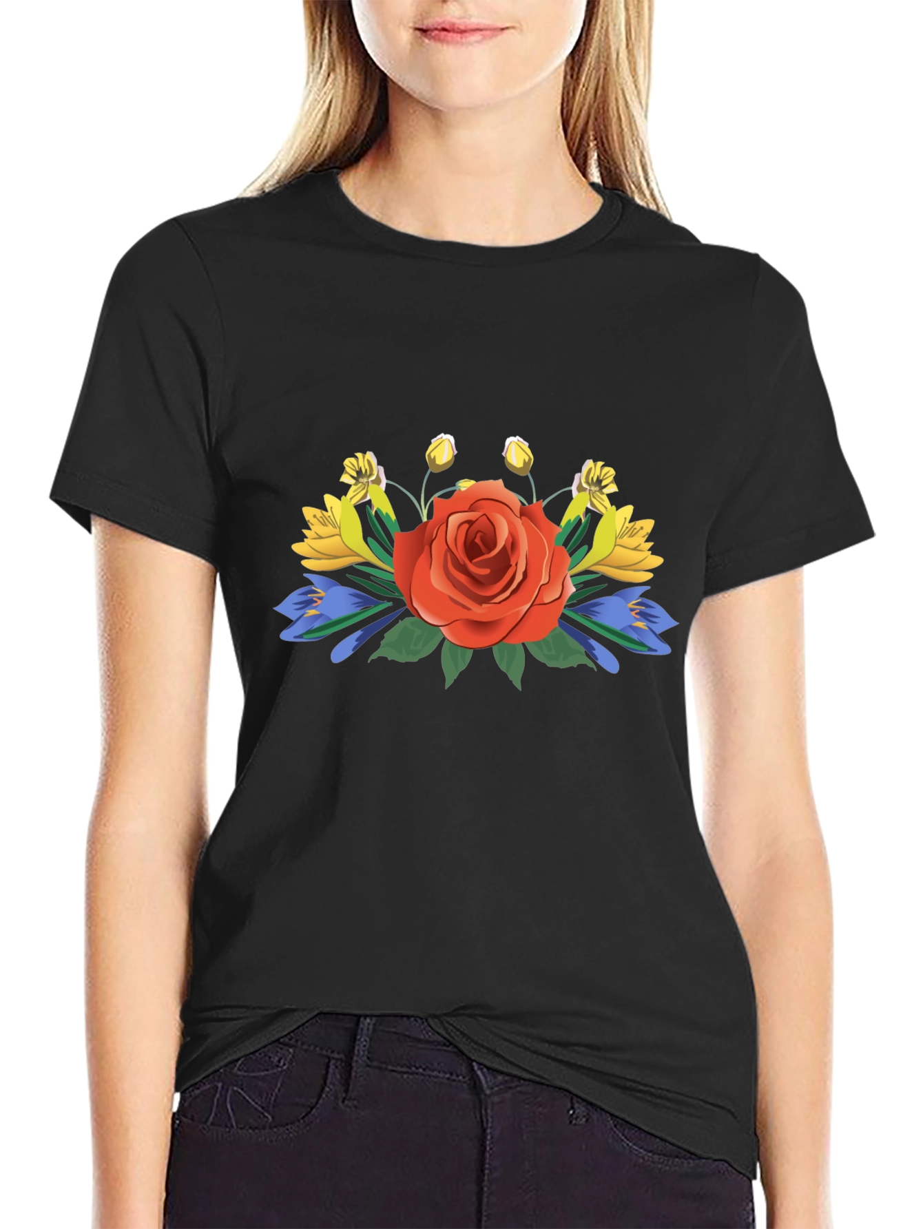 Floral Rose Graphic Tee - Stylish Mens Black T-Shirt