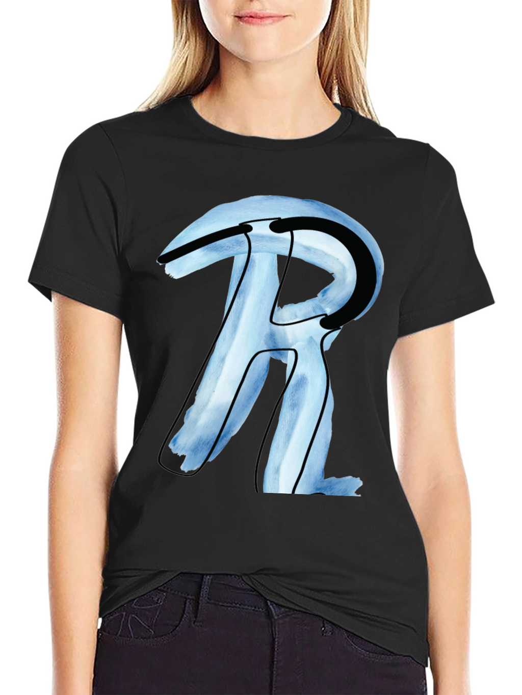 Abstract R Letter Graphic Black T-Shirt