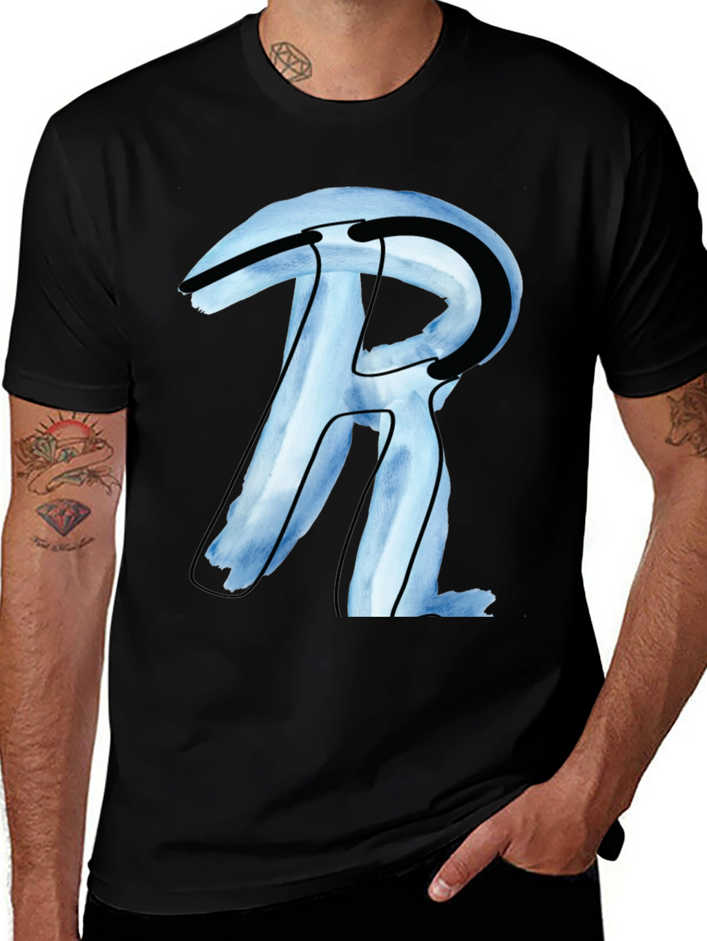 Abstract R Letter Graphic Black T-Shirt