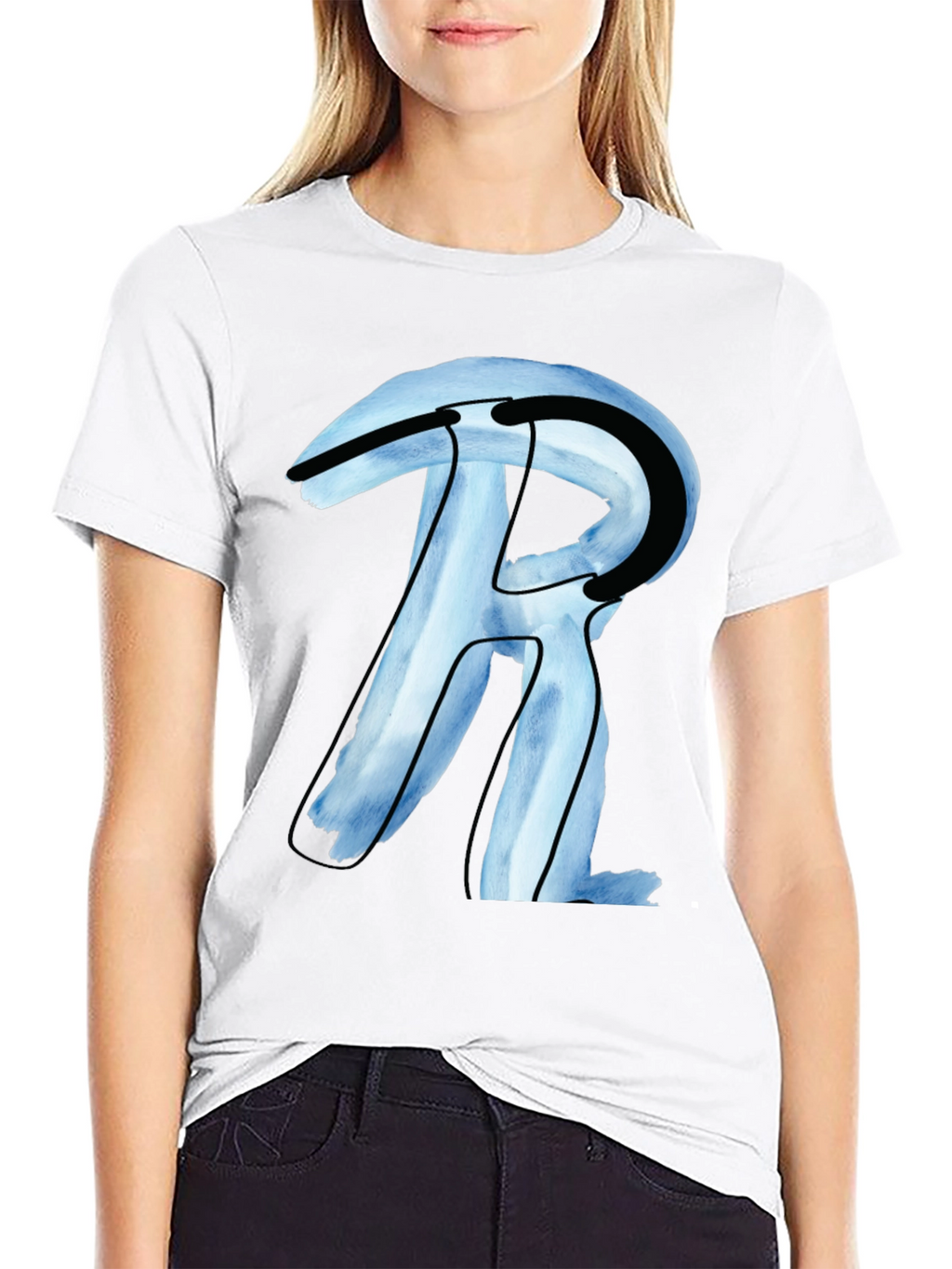 Abstract R Letter Graphic Black T-Shirt