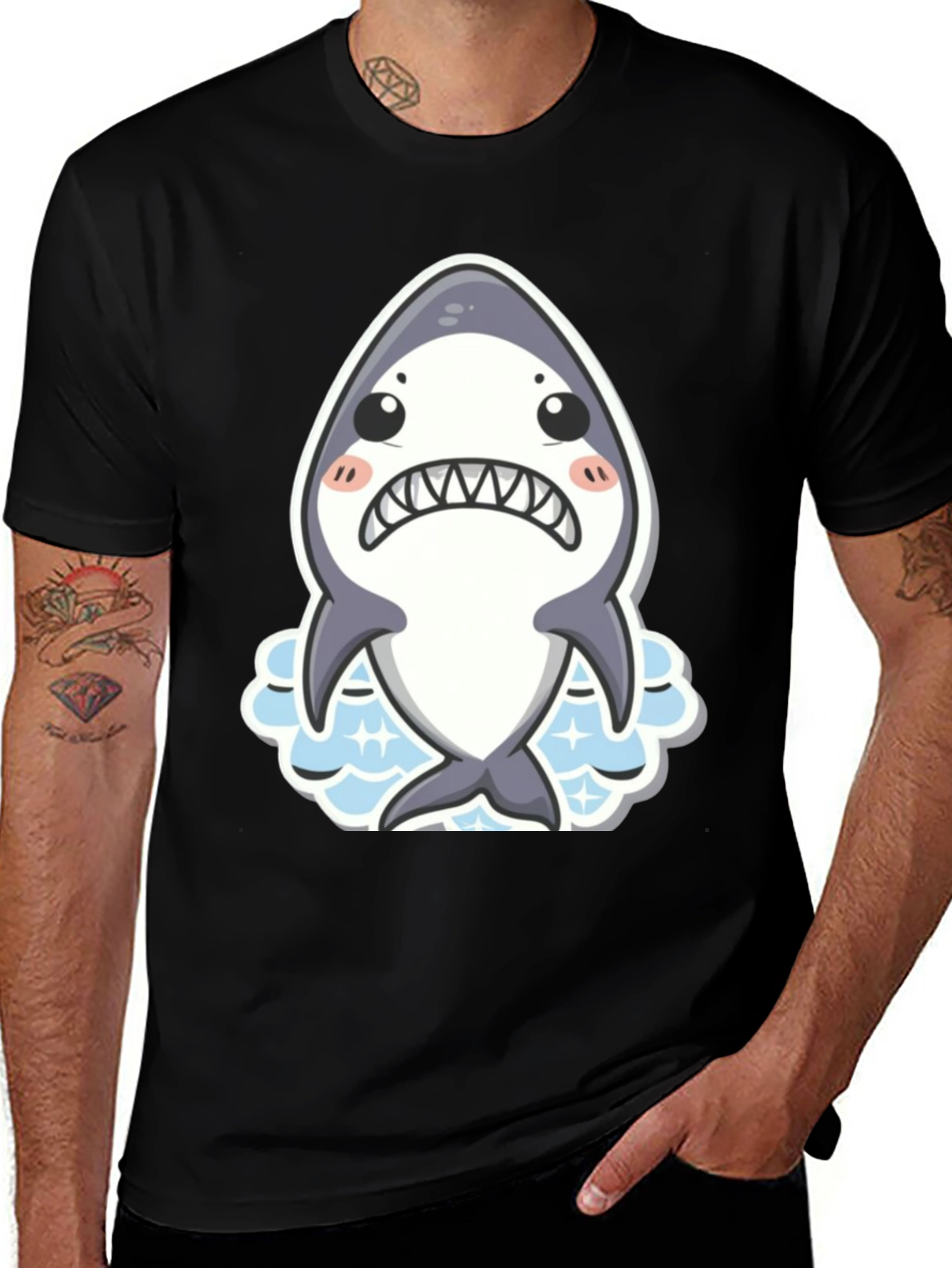 Cute Shark Graphic Tee - Black Cotton Blend