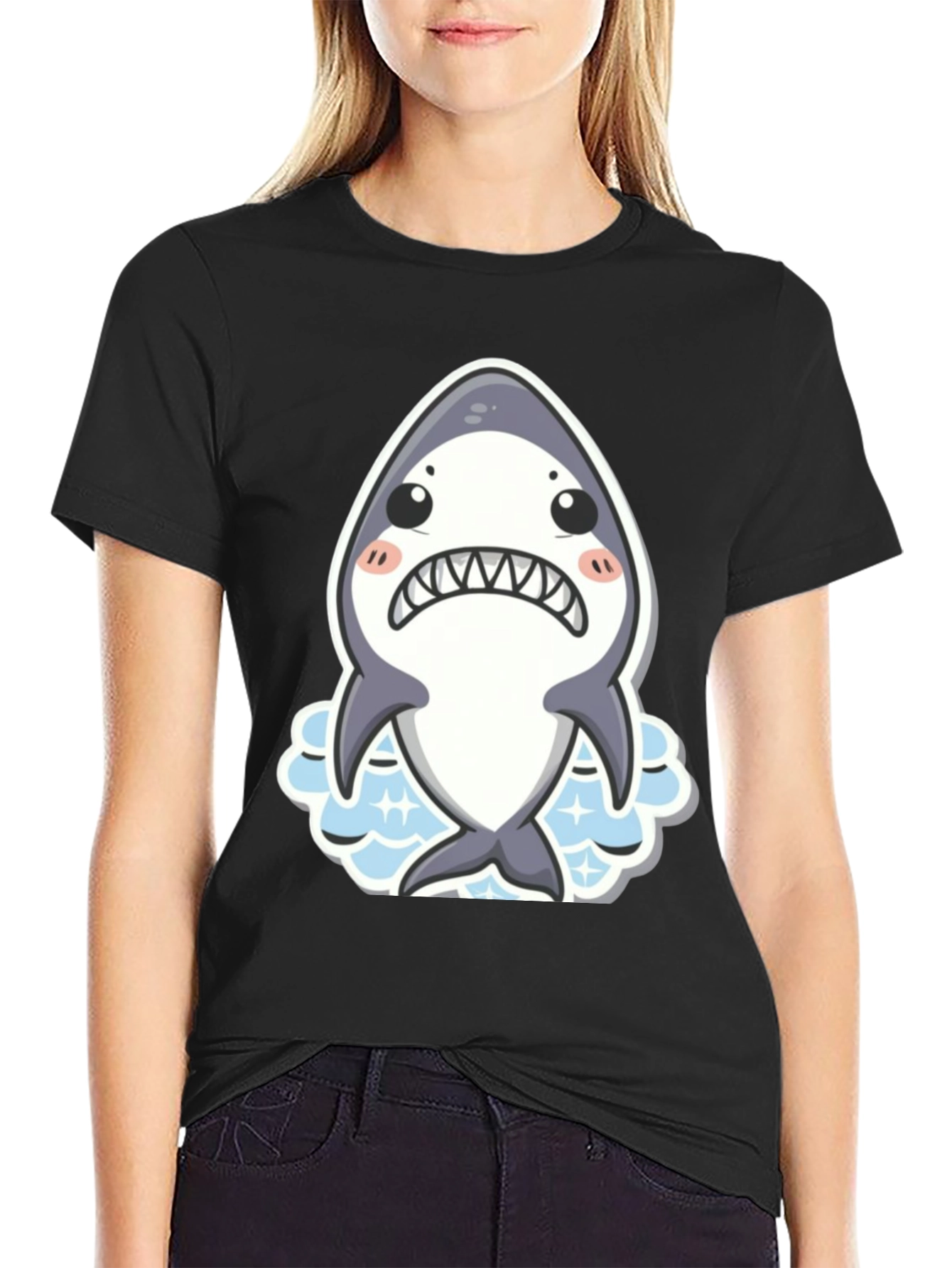 Cute Shark Graphic Tee - Black Cotton Blend