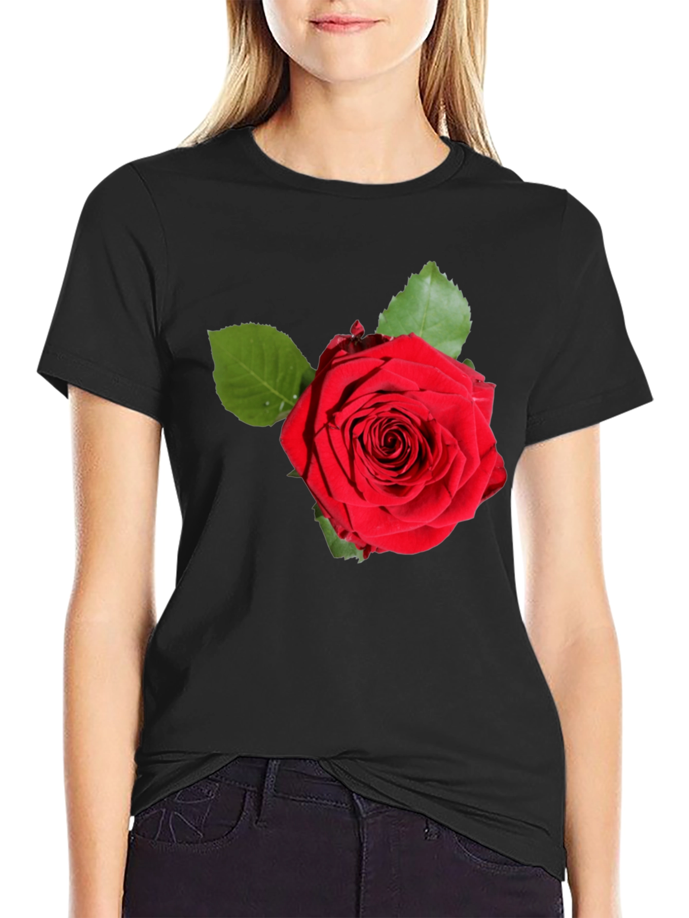 Red Rose Graphic Print Black T-Shirt