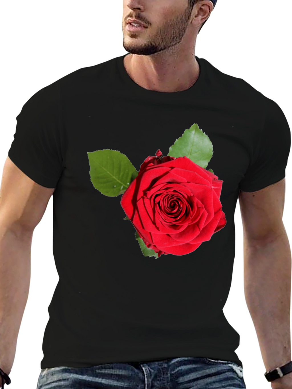 Red Rose Graphic Print Black T-Shirt