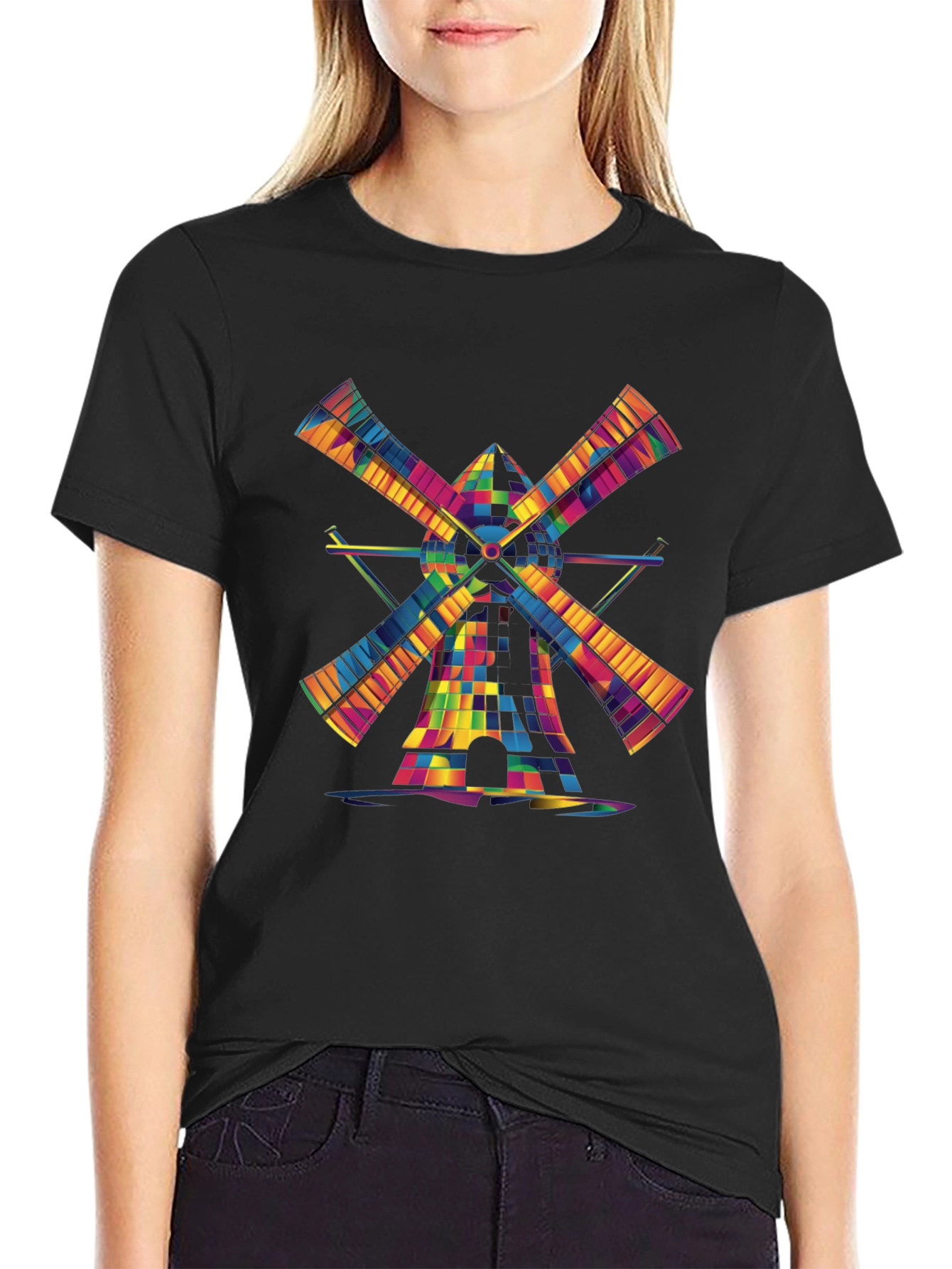 Vibrant Windmill Graphic T-Shirt - Black