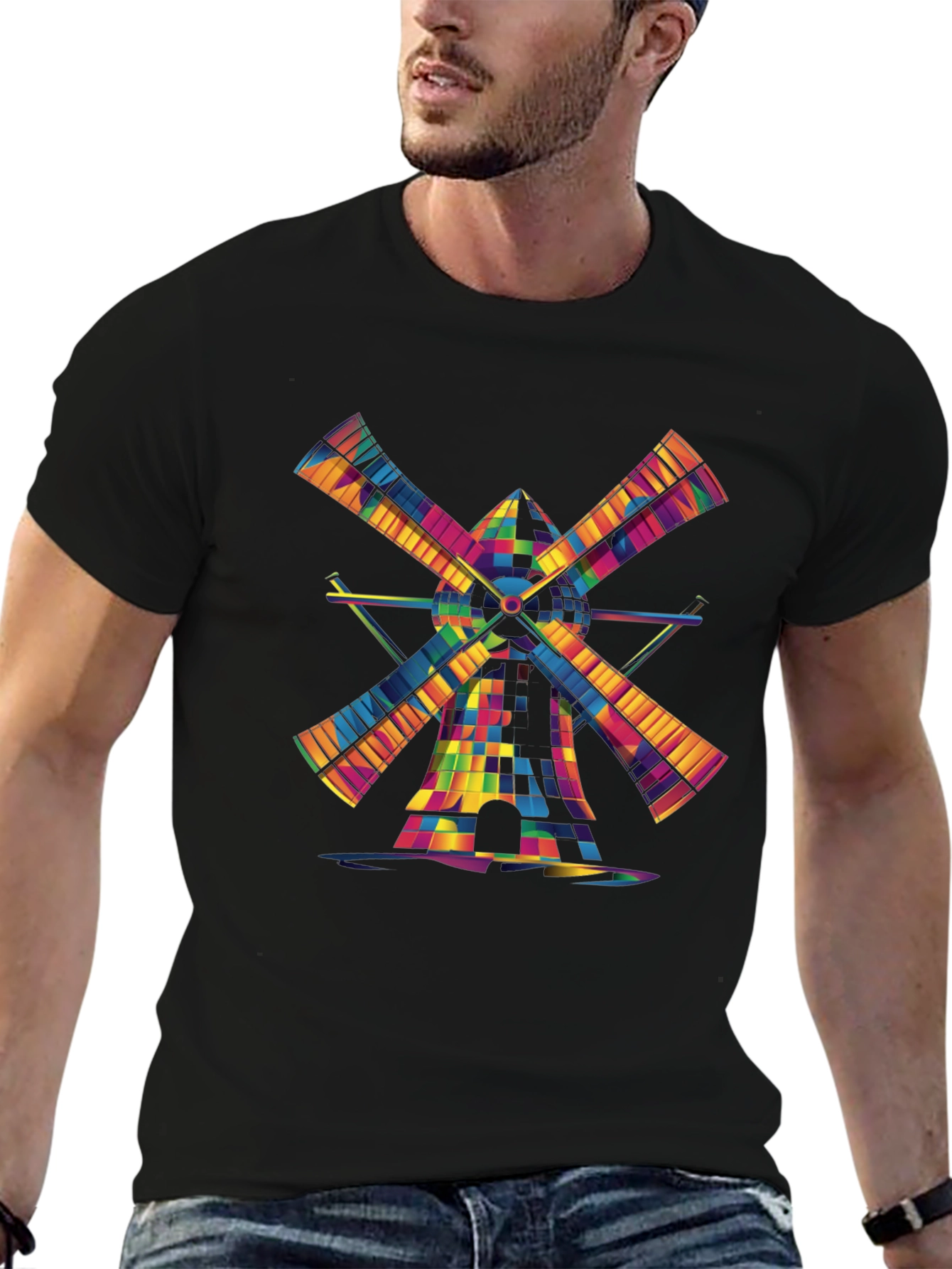Vibrant Windmill Graphic T-Shirt - Black