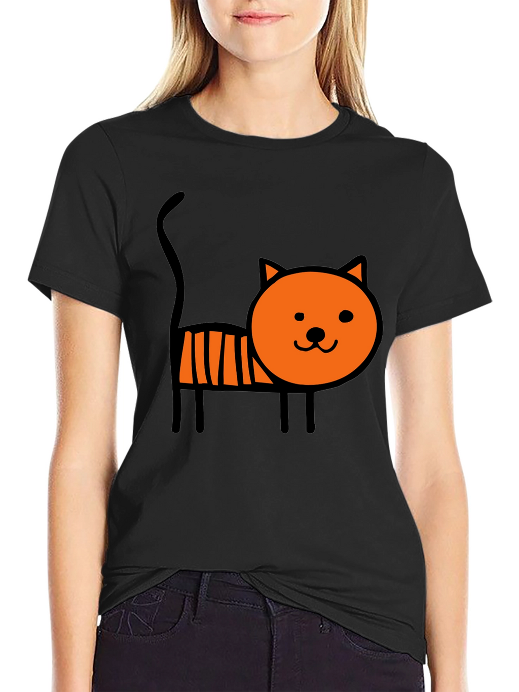 Cute Cartoon Cat Graphic Tee - Soft Black Cotton