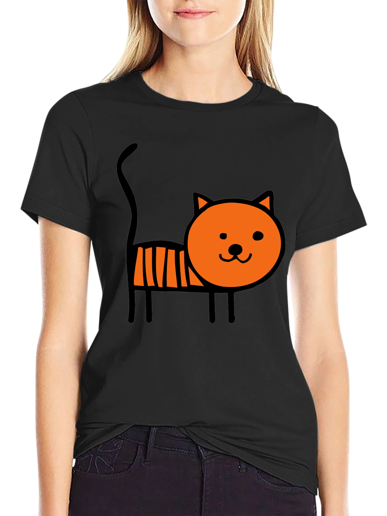 Cute Cartoon Cat Graphic Tee - Soft Black Cotton