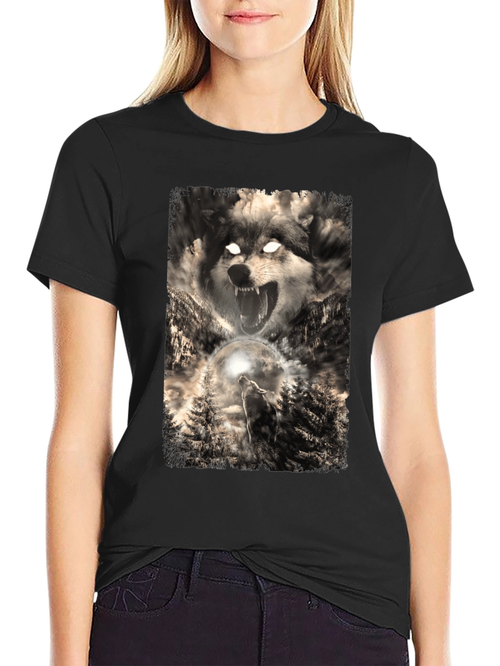 Wolf Graphic Print Black T-Shirt
