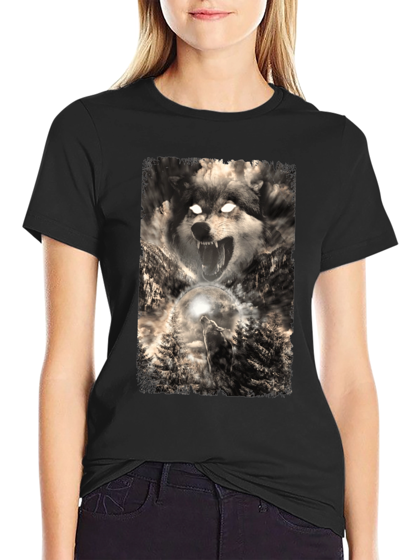 Wolf Graphic Print Black T-Shirt