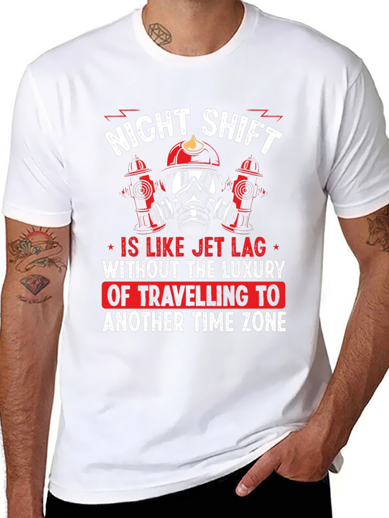 Night Shift Firefighter T-Shirt - Jet Lag Humor
