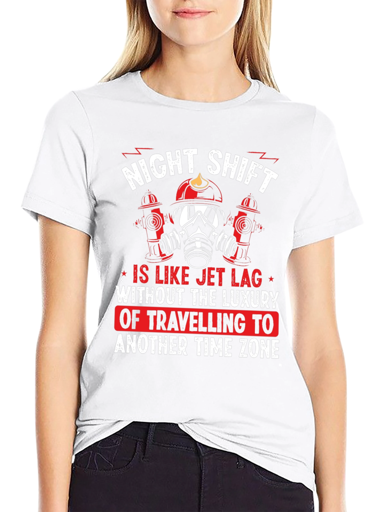 Night Shift Firefighter T-Shirt - Jet Lag Humor