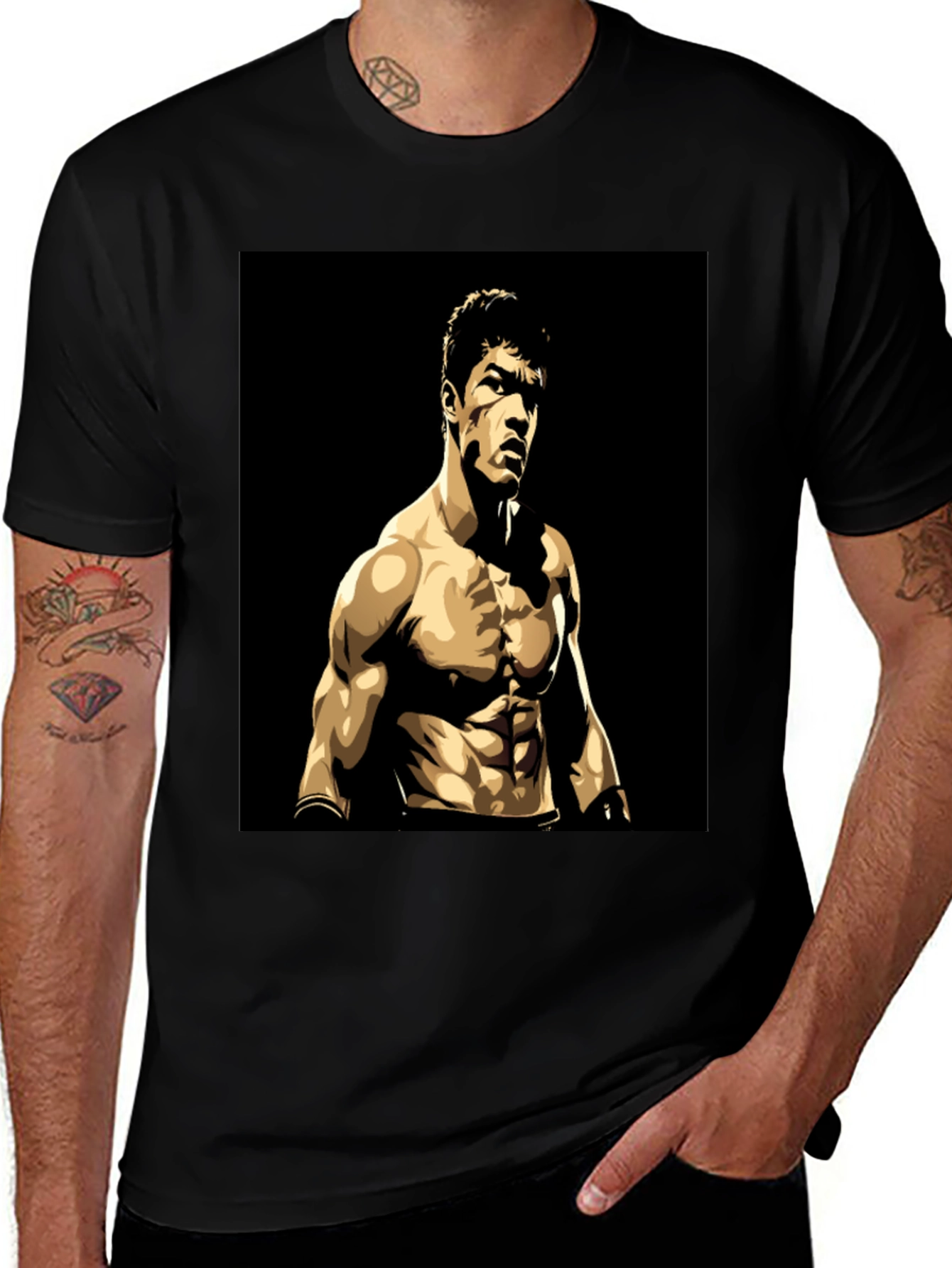 Black T-Shirt with Muscular Boxer Graphic