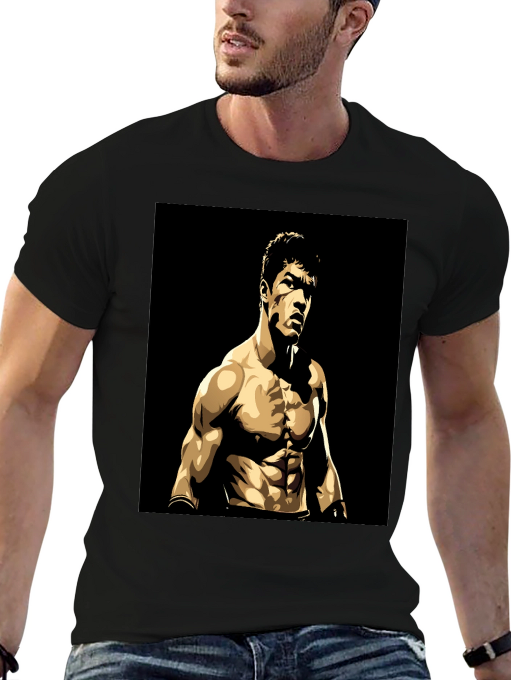 Black T-Shirt with Muscular Boxer Graphic