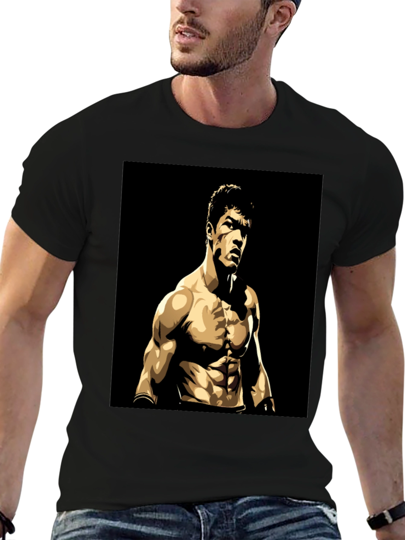 Black T-Shirt with Muscular Boxer Graphic