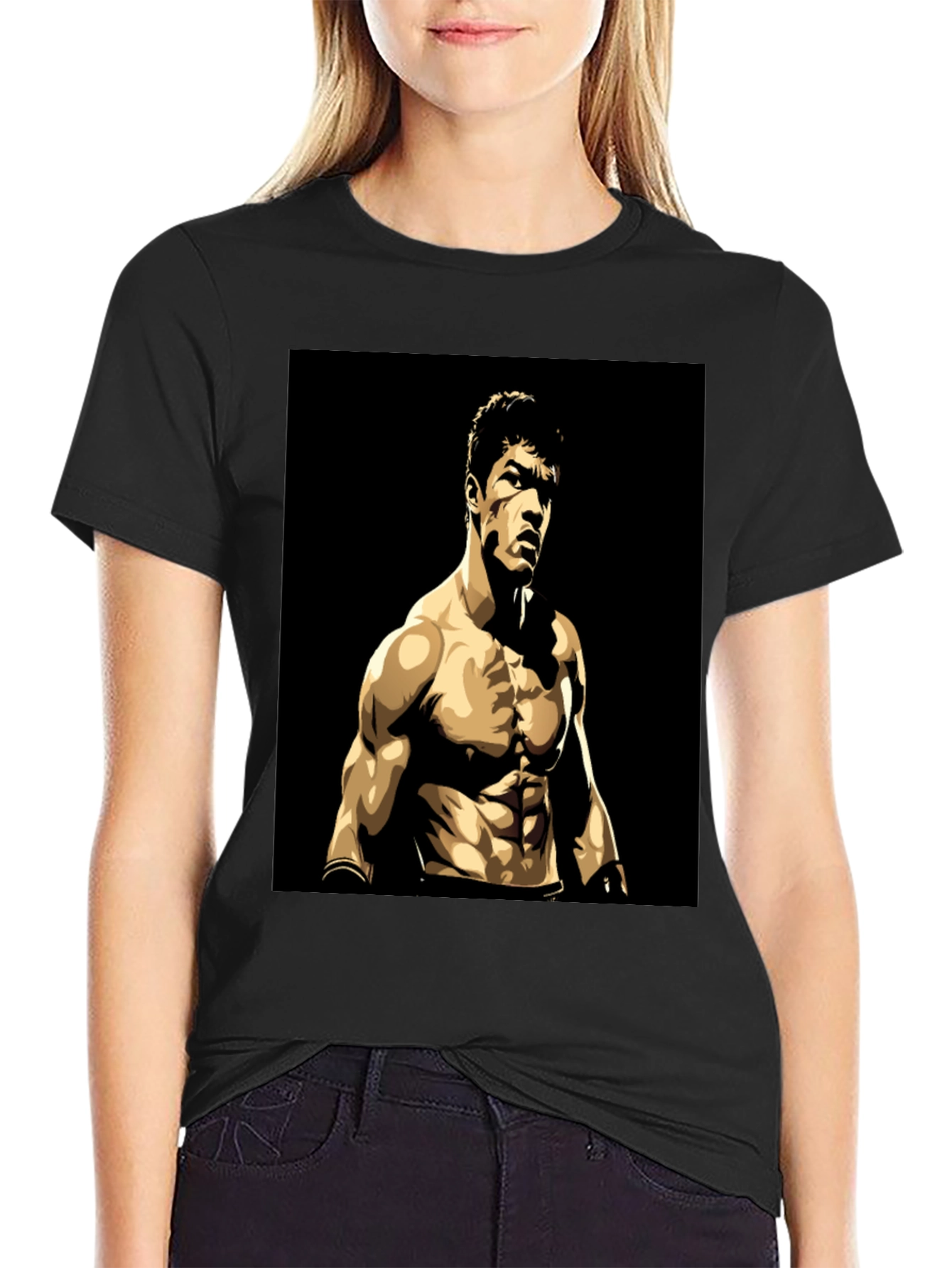 Black T-Shirt with Muscular Boxer Graphic