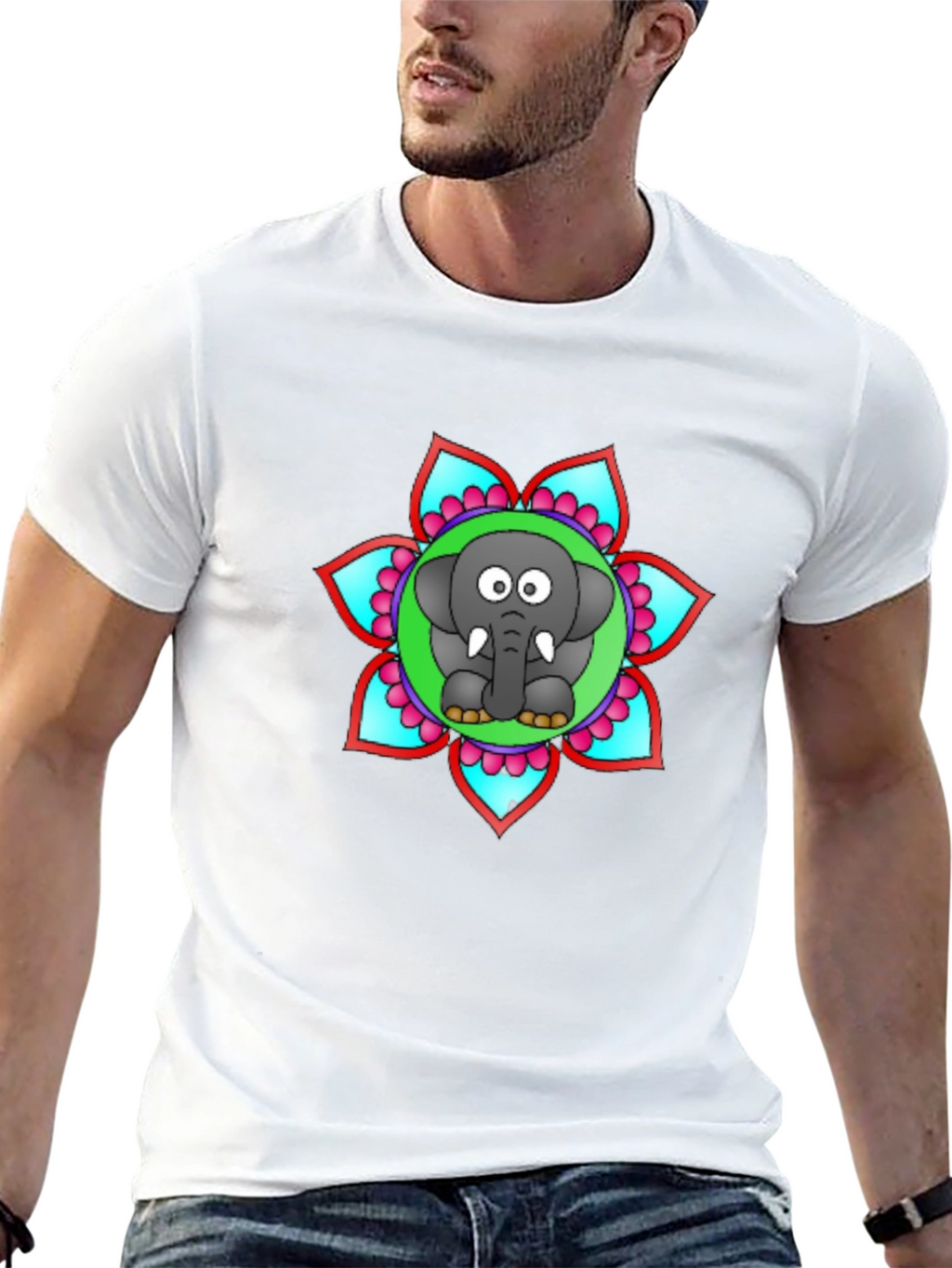 Cartoon Elephant Mandala Graphic Black T-Shirt