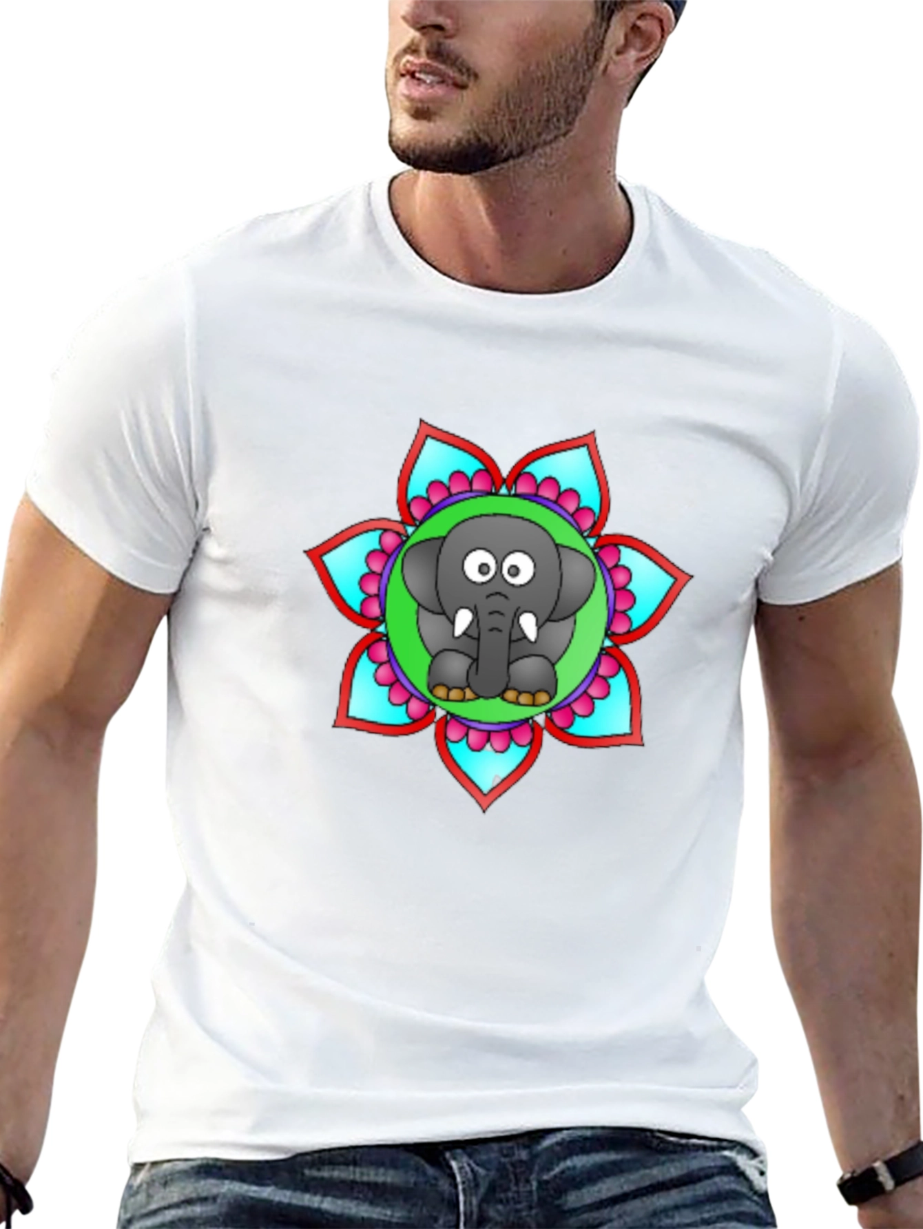 Cartoon Elephant Mandala Graphic Black T-Shirt