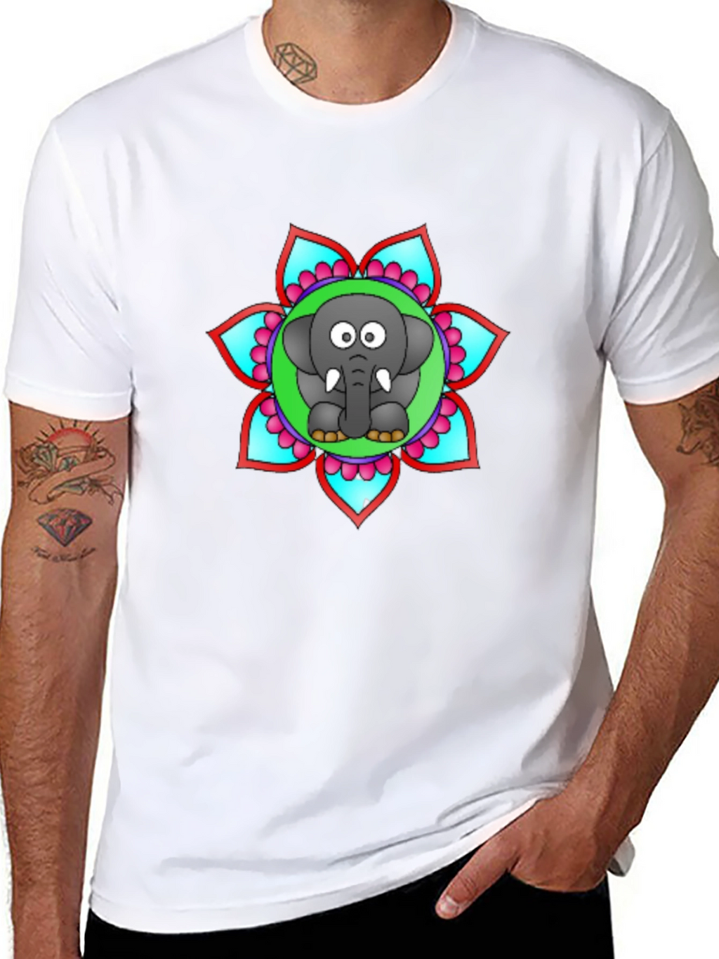 Cartoon Elephant Mandala Graphic Black T-Shirt