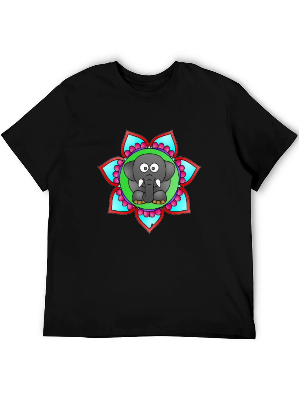Cartoon Elephant Mandala Graphic Black T-Shirt