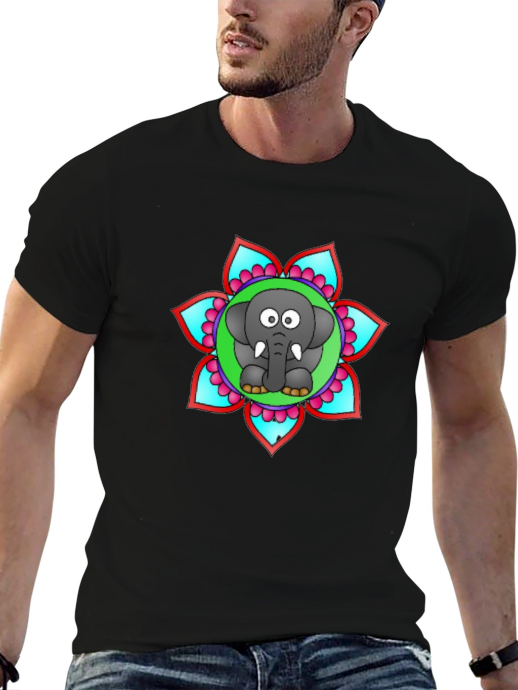 Cartoon Elephant Mandala Graphic Black T-Shirt
