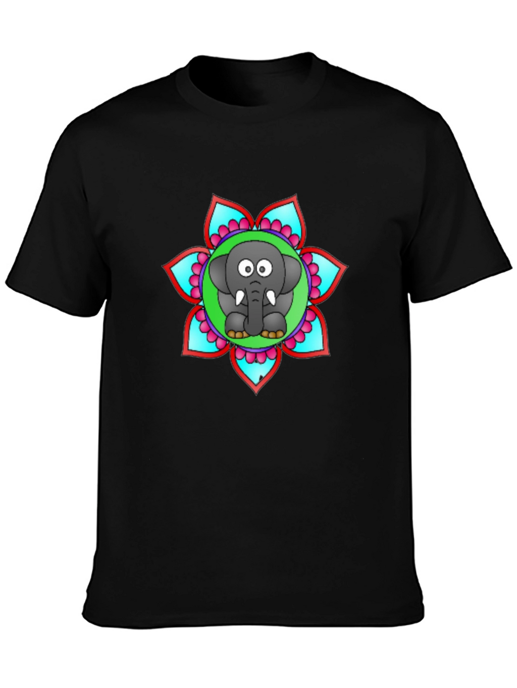 Cartoon Elephant Mandala Graphic Black T-Shirt