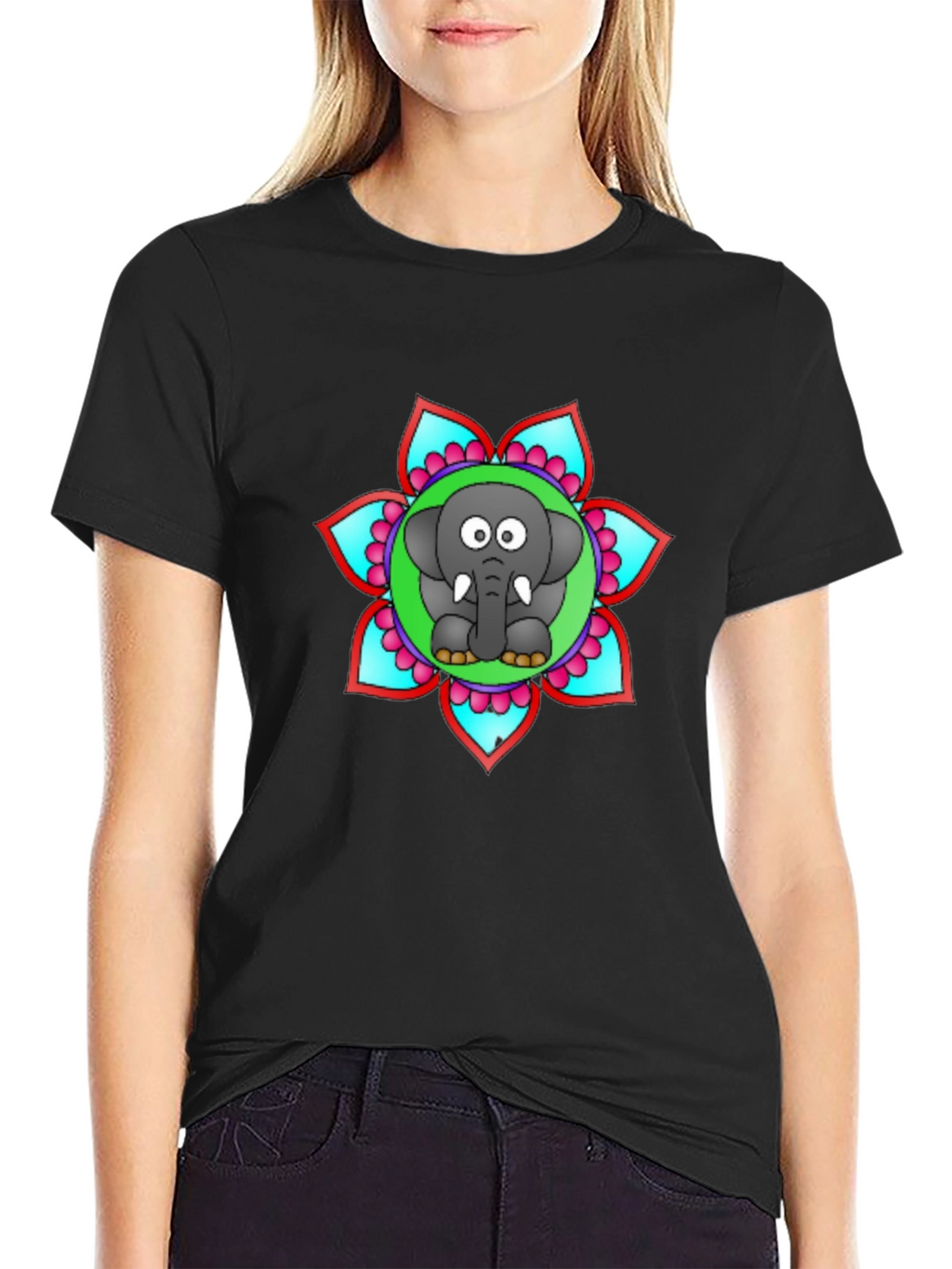Cartoon Elephant Mandala Graphic Black T-Shirt
