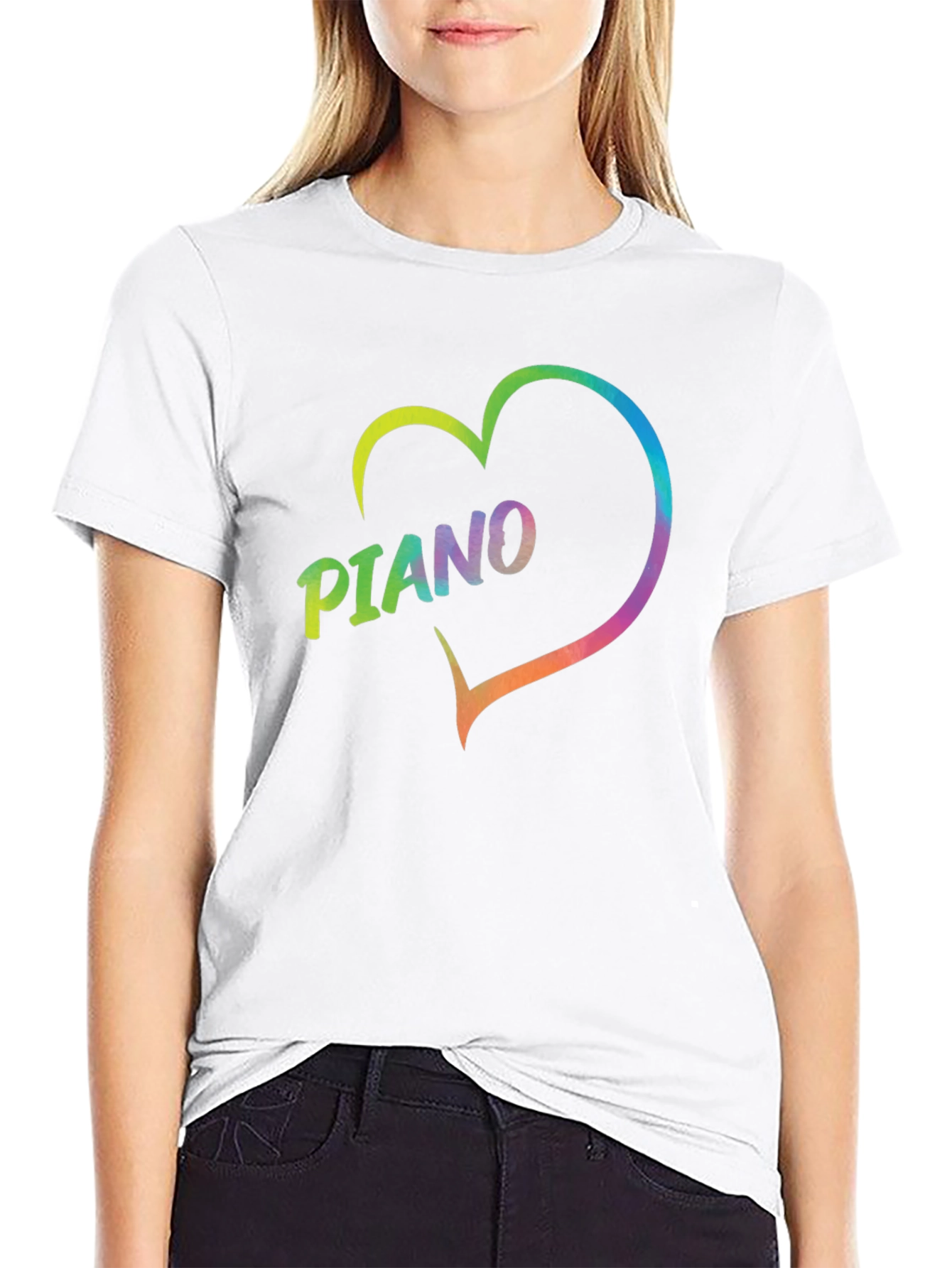 Rainbow Piano Heart Graphic T-Shirt - Black
