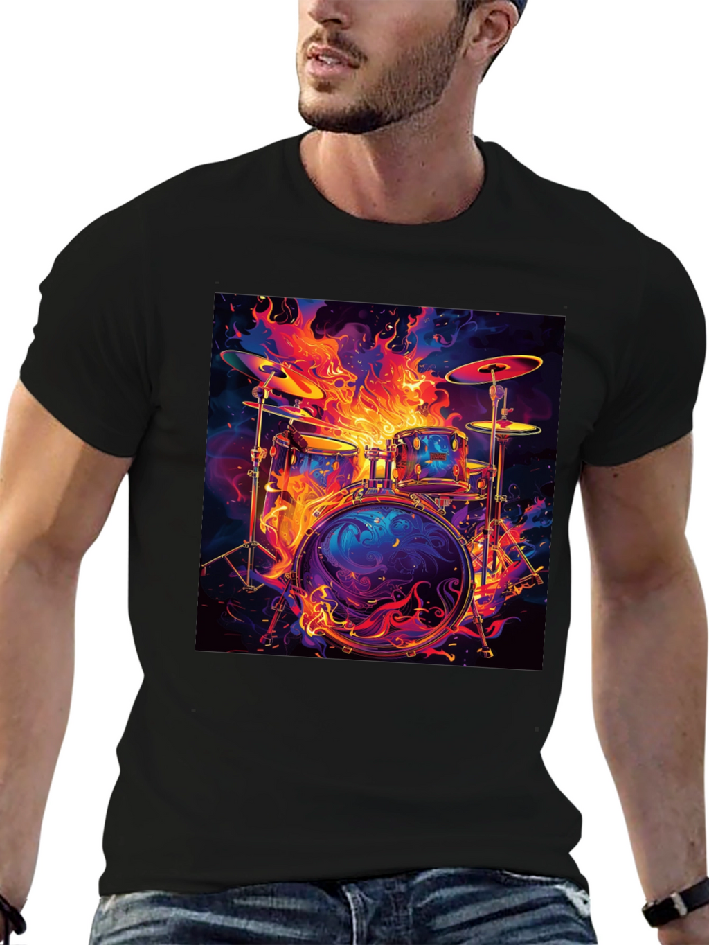 Fiery Drum Set Graphic Tee - Black Cotton T-Shirt