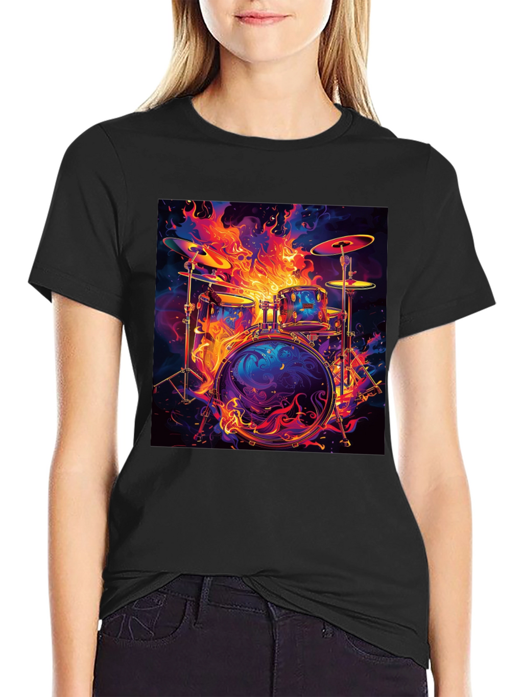 Fiery Drum Set Graphic Tee - Black Cotton T-Shirt