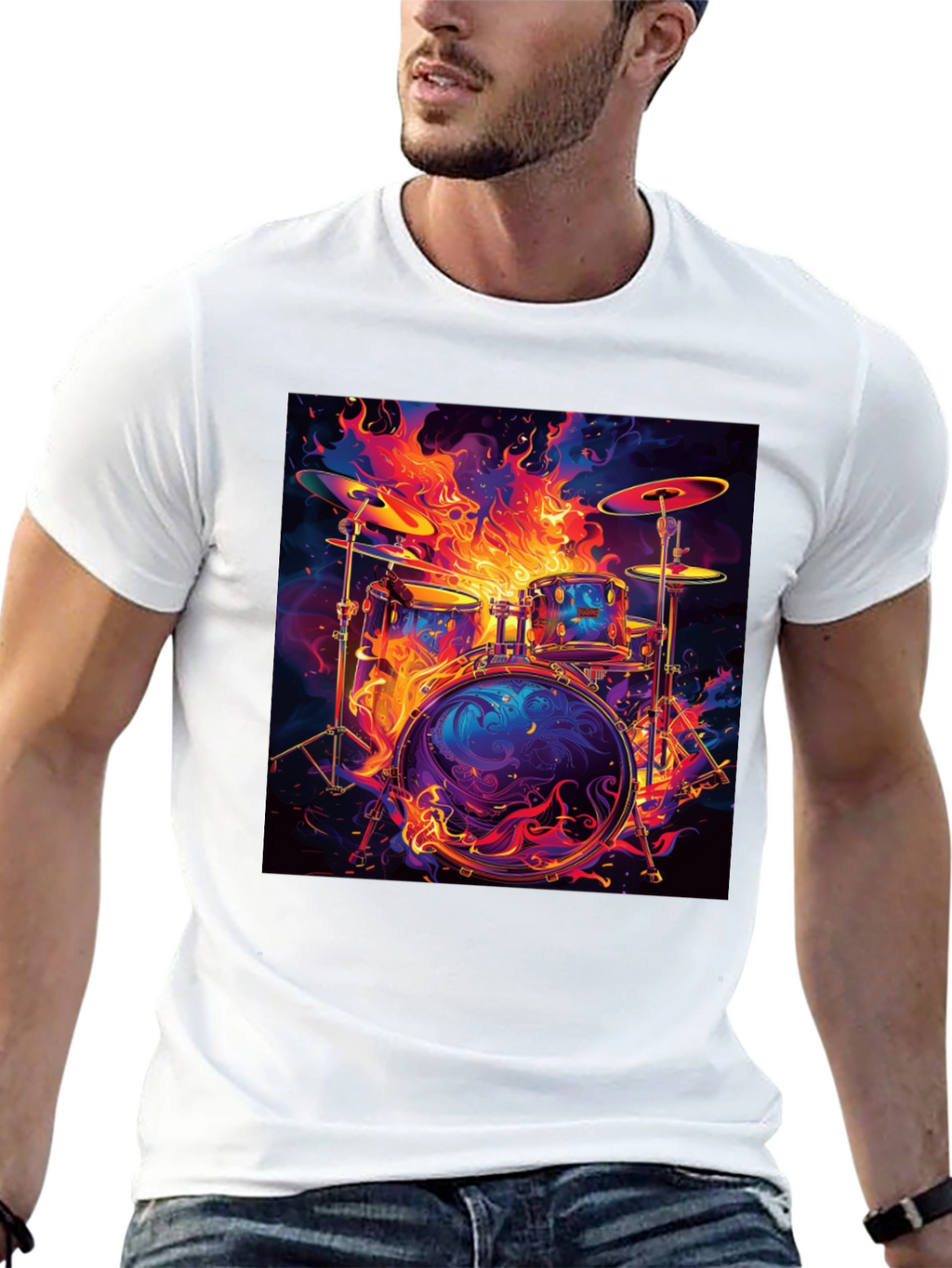 Fiery Drum Set Graphic Tee - Black Cotton T-Shirt