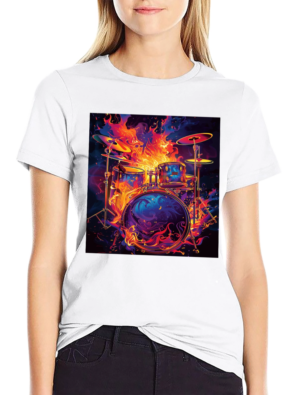 Fiery Drum Set Graphic Tee - Black Cotton T-Shirt
