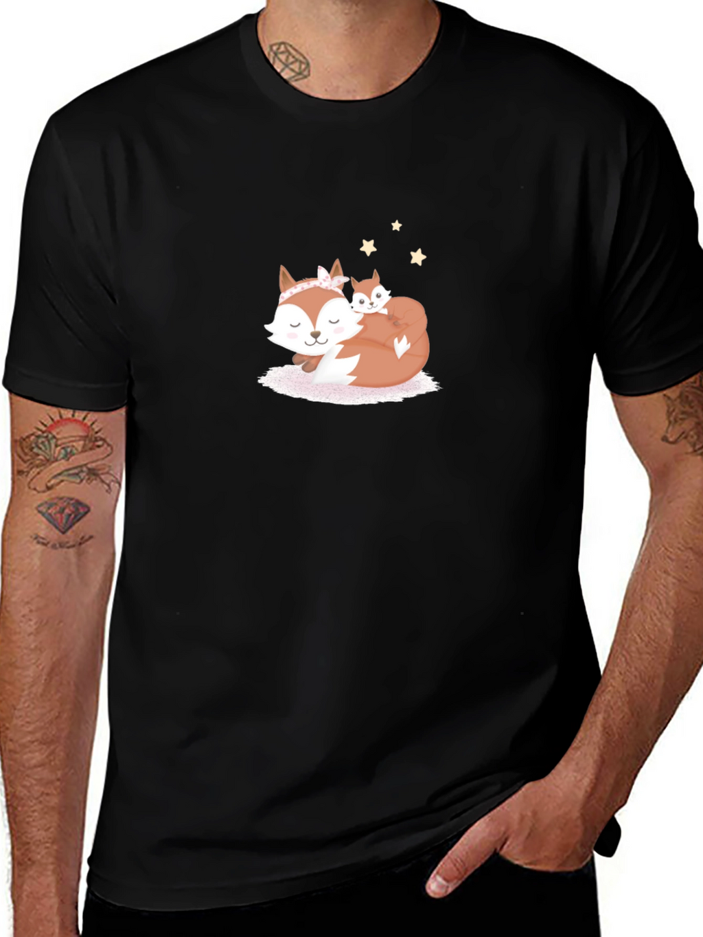 Cute Fox Mom & Baby Black T-Shirt