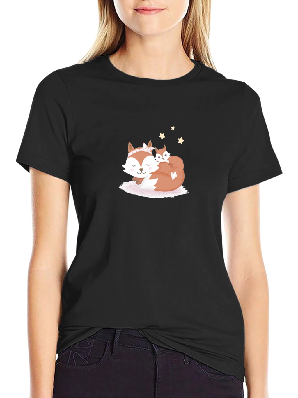 Cute Fox Mom & Baby Black T-Shirt