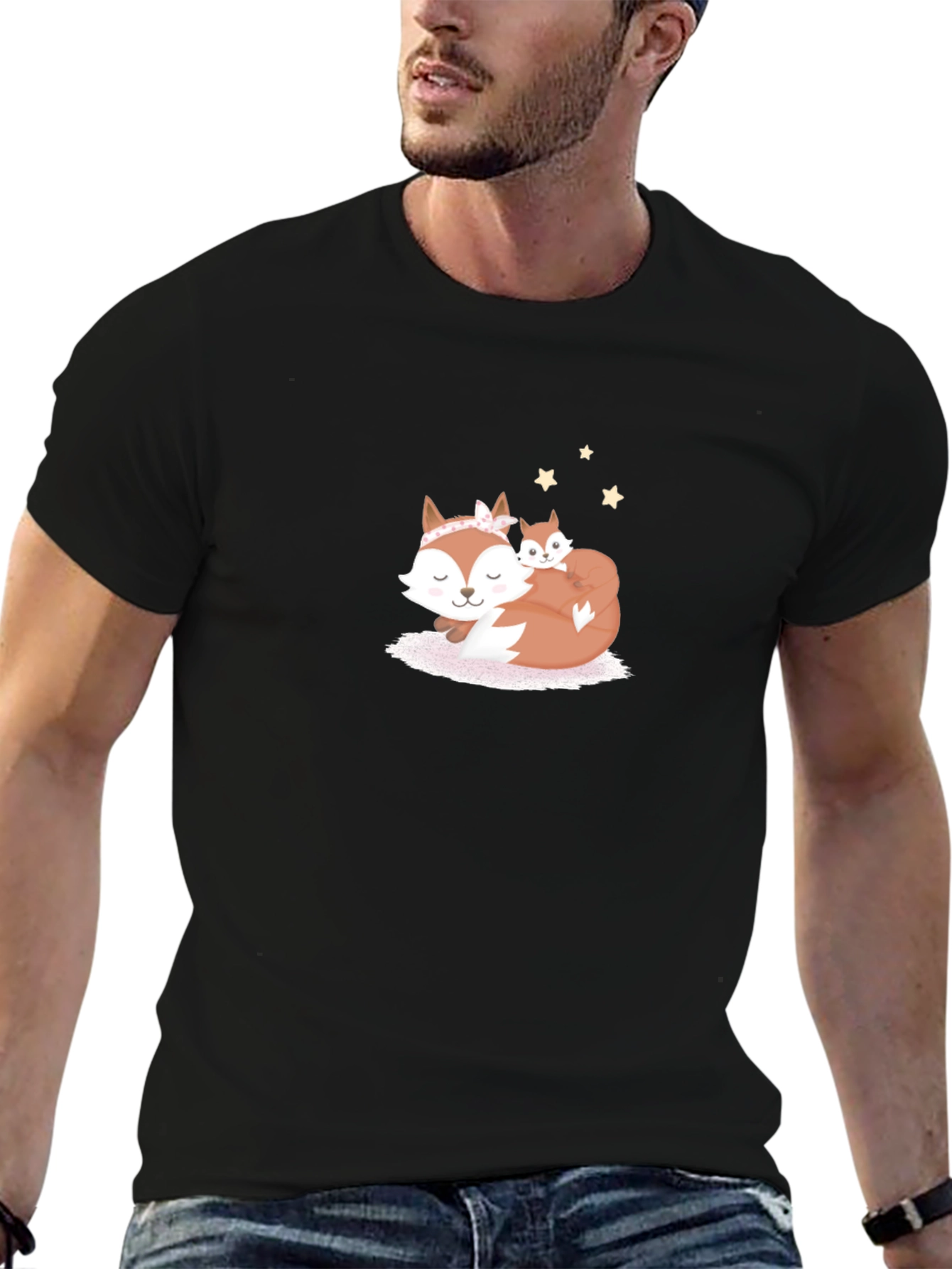 Cute Fox Mom & Baby Black T-Shirt