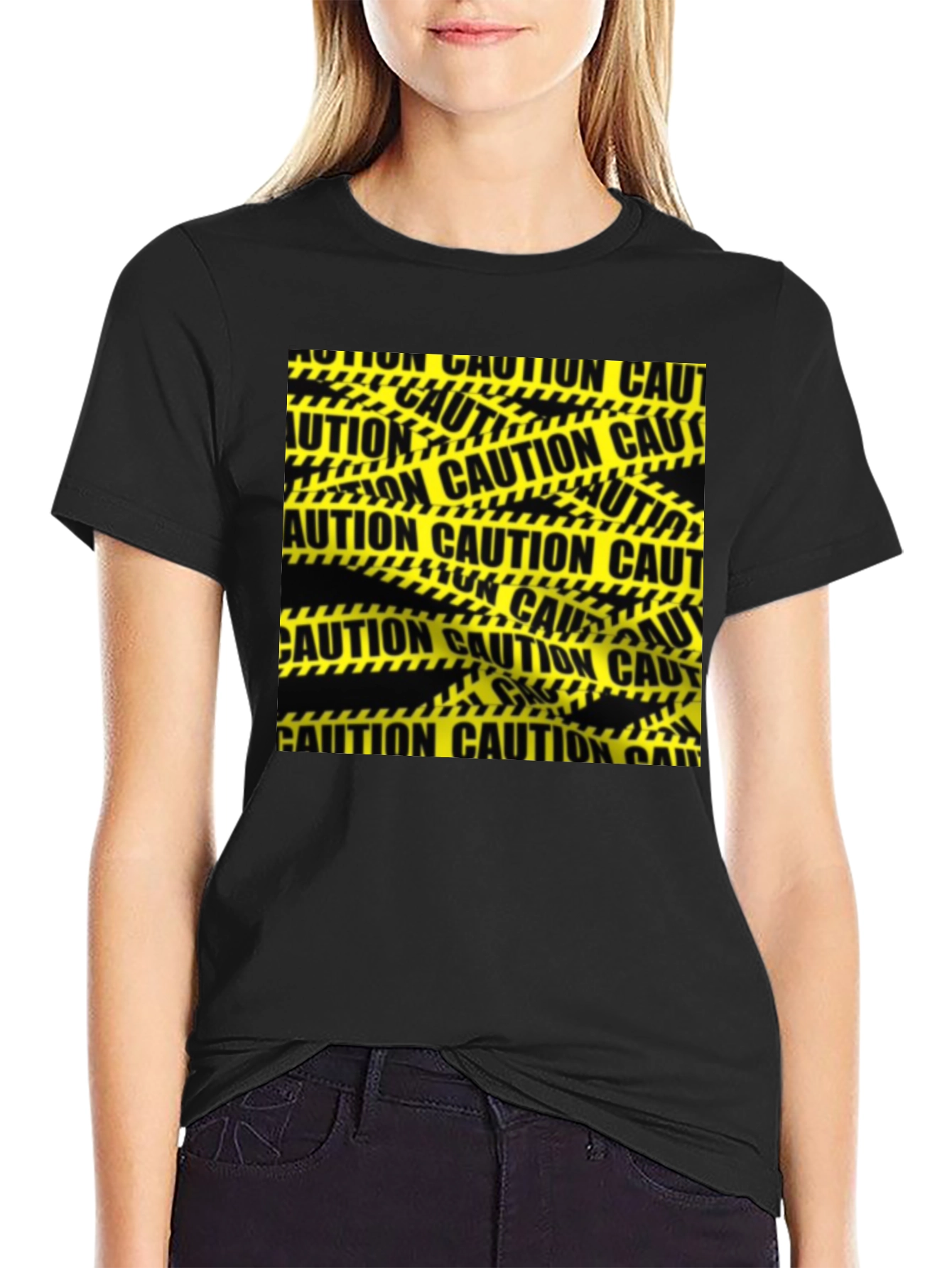 Caution Tape Graphic Tee - Black Cotton Casual T-Shirt