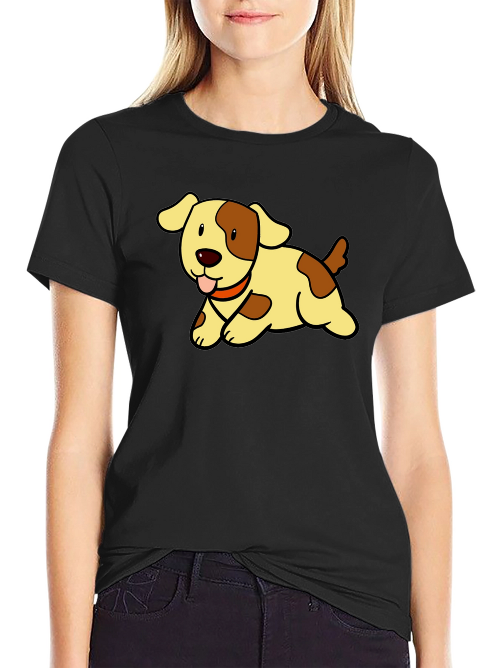 Cute Puppy Cartoon Black T-Shirt