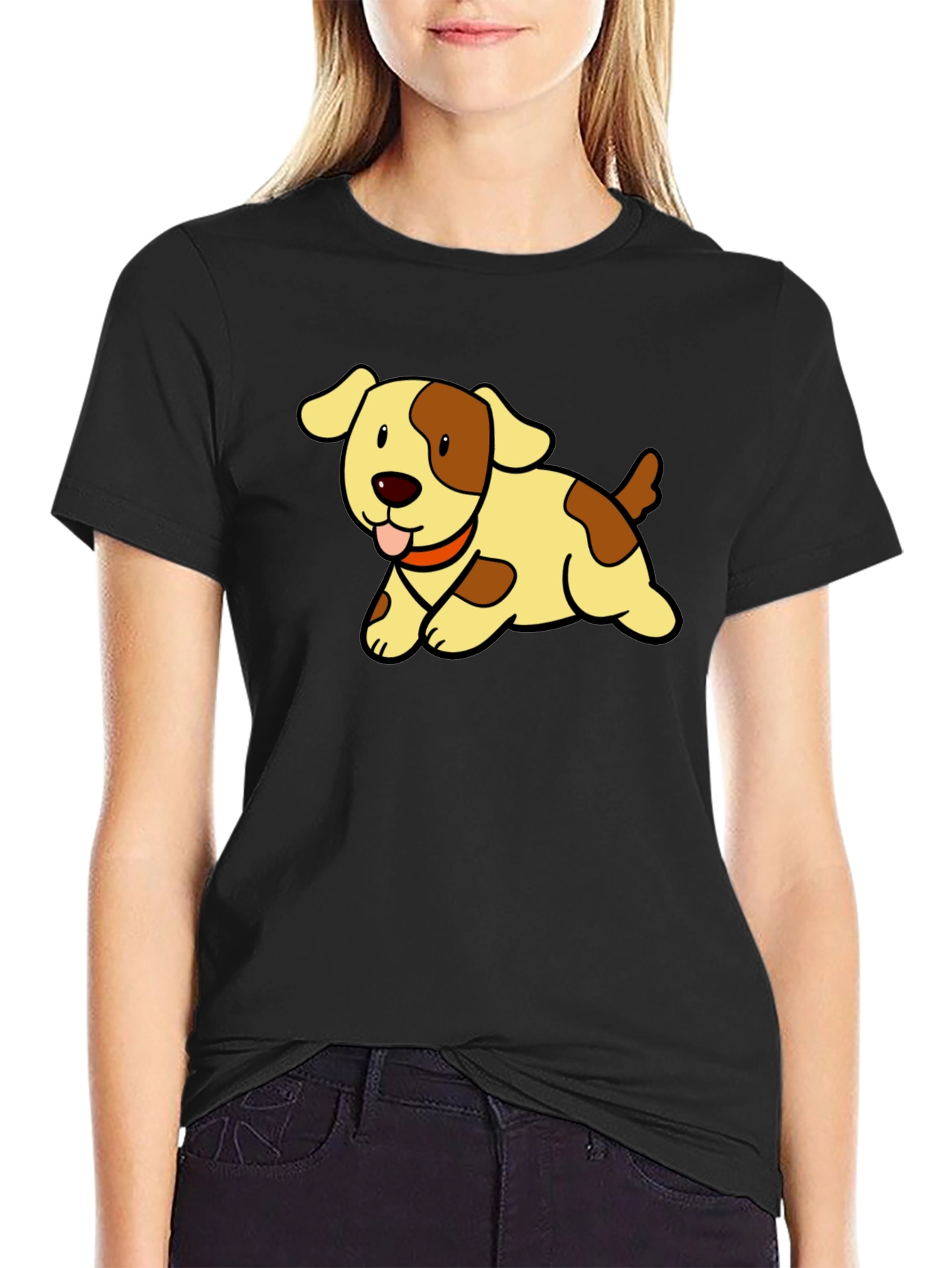 Cute Puppy Cartoon Black T-Shirt