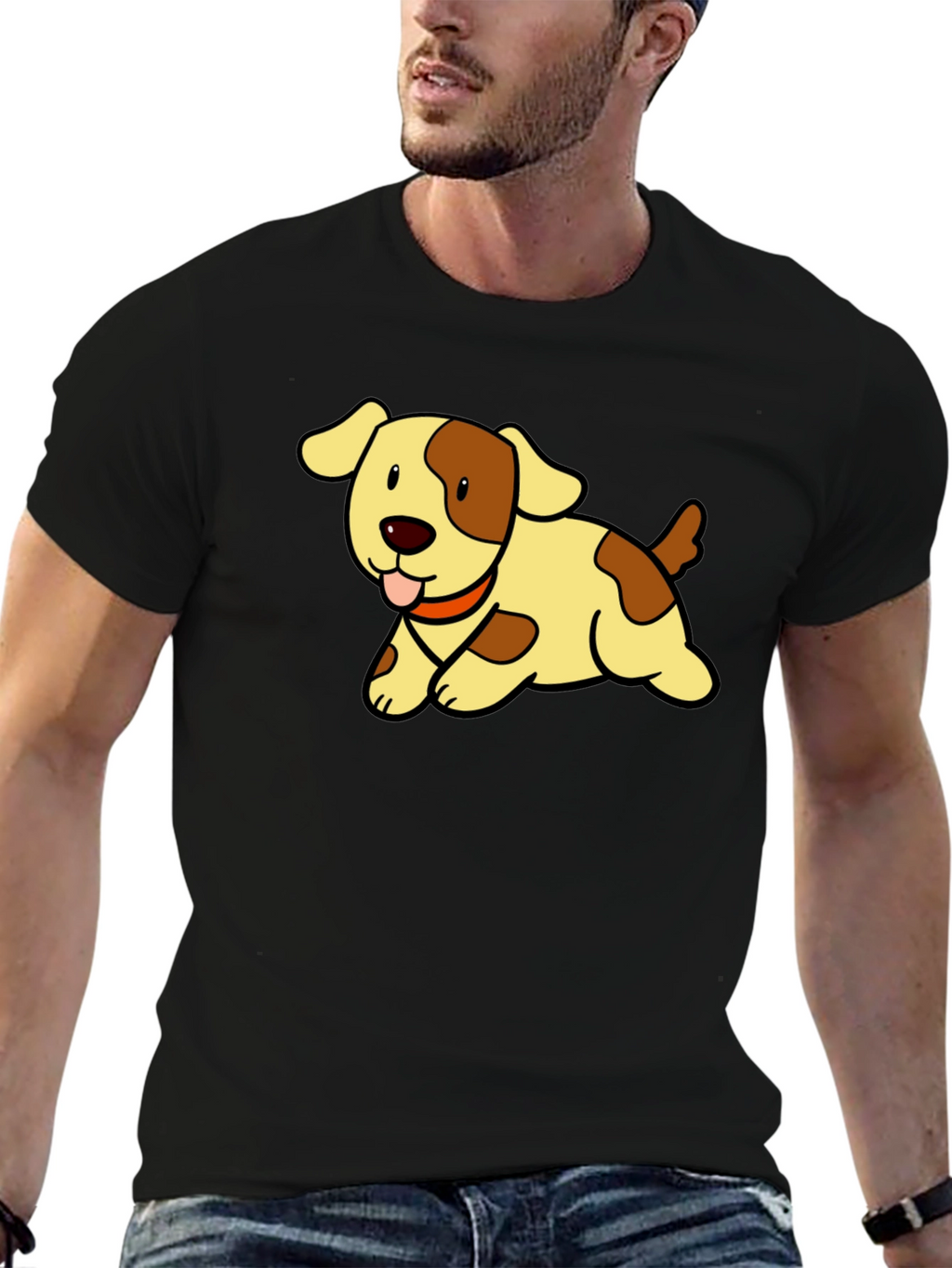 Cute Puppy Cartoon Black T-Shirt