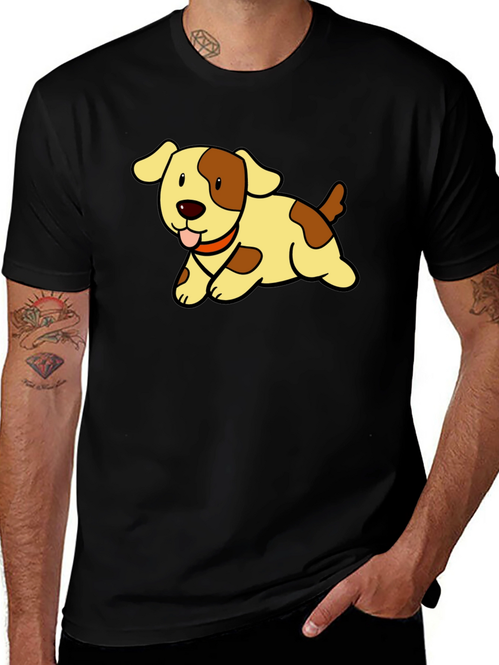 Cute Puppy Cartoon Black T-Shirt